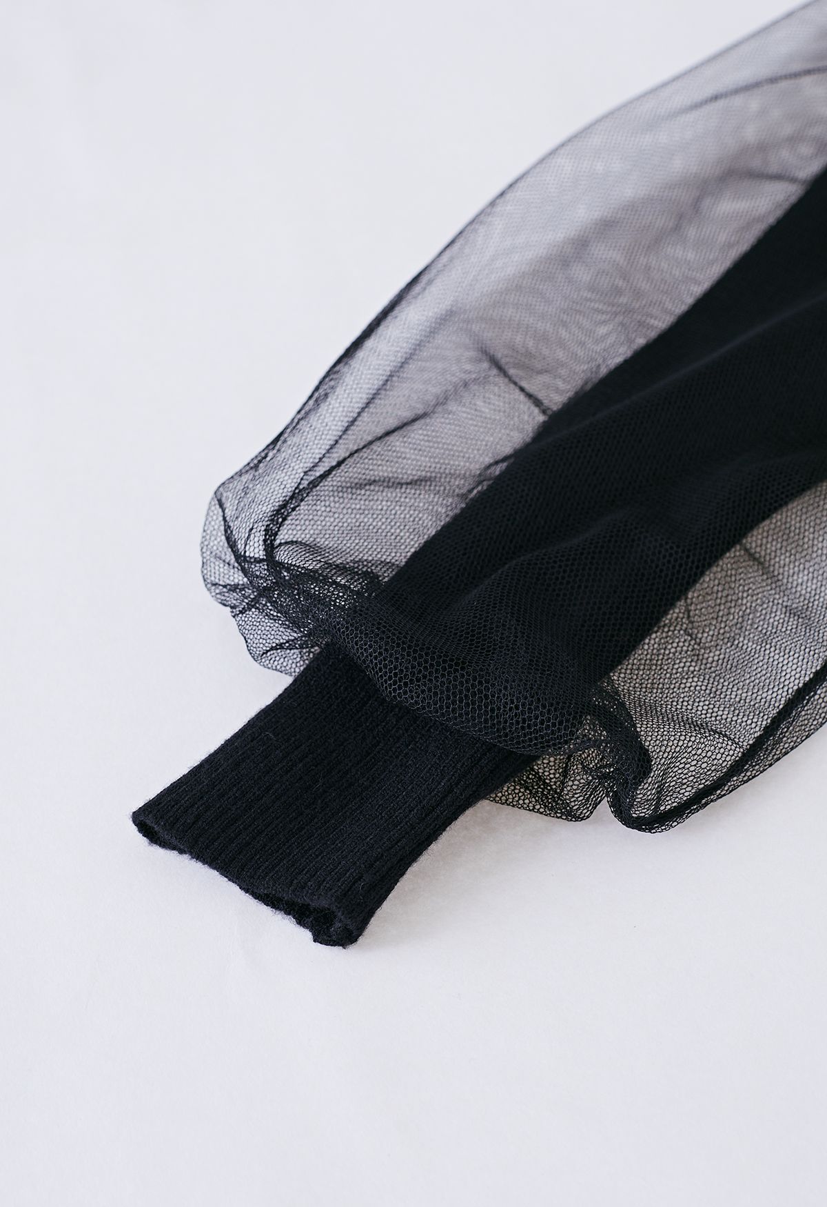 Turtleneck Mesh Overlay Sleeve Knit Top in Black