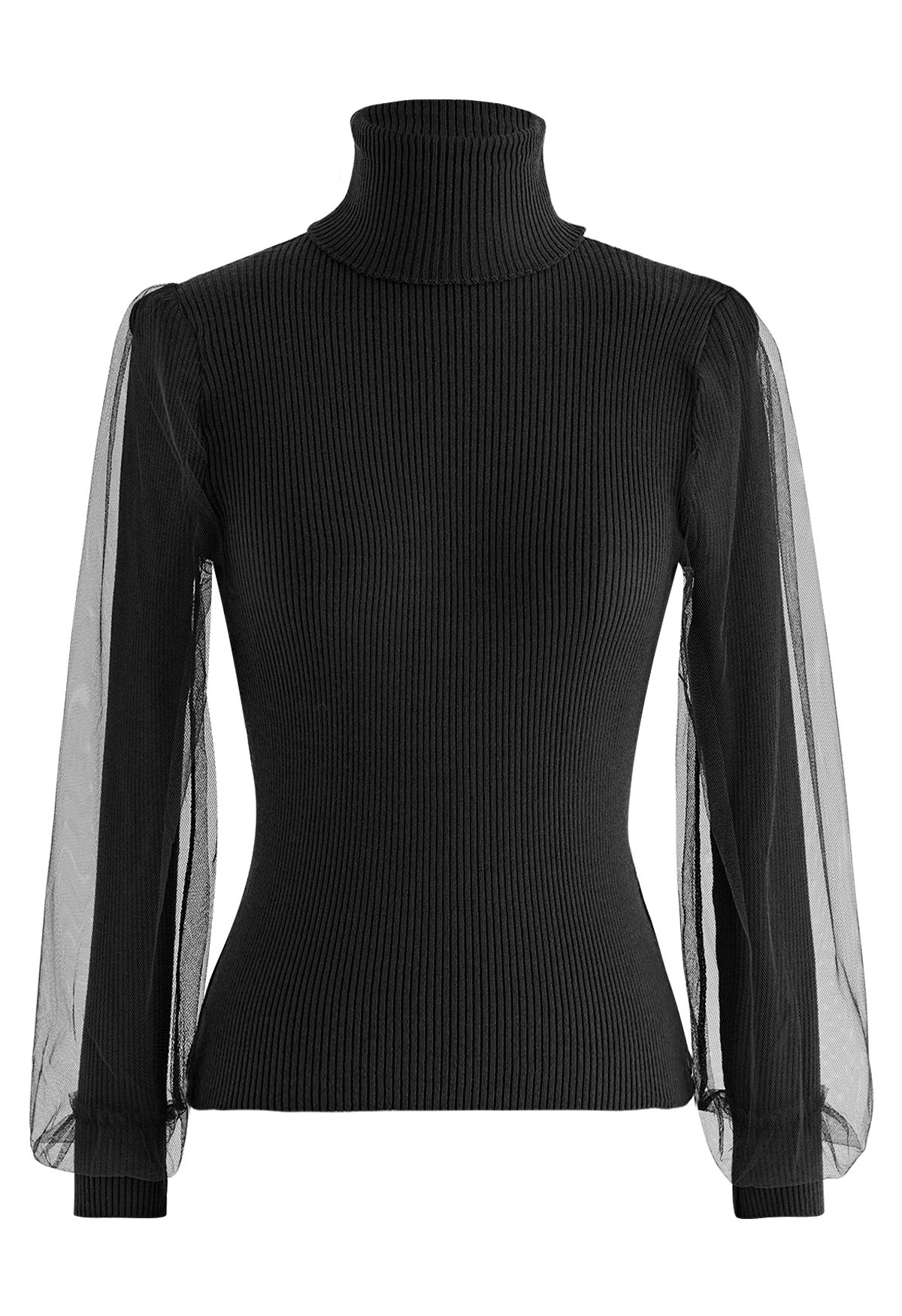 Turtleneck Mesh Overlay Sleeve Knit Top in Black