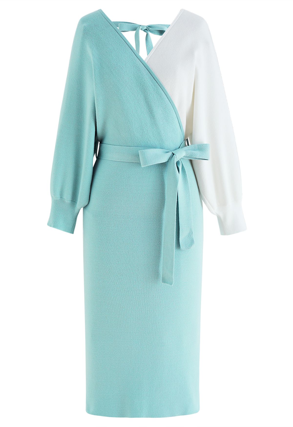 Tie Bow Two-Tone Knit Wrap Midi Dress in Teal