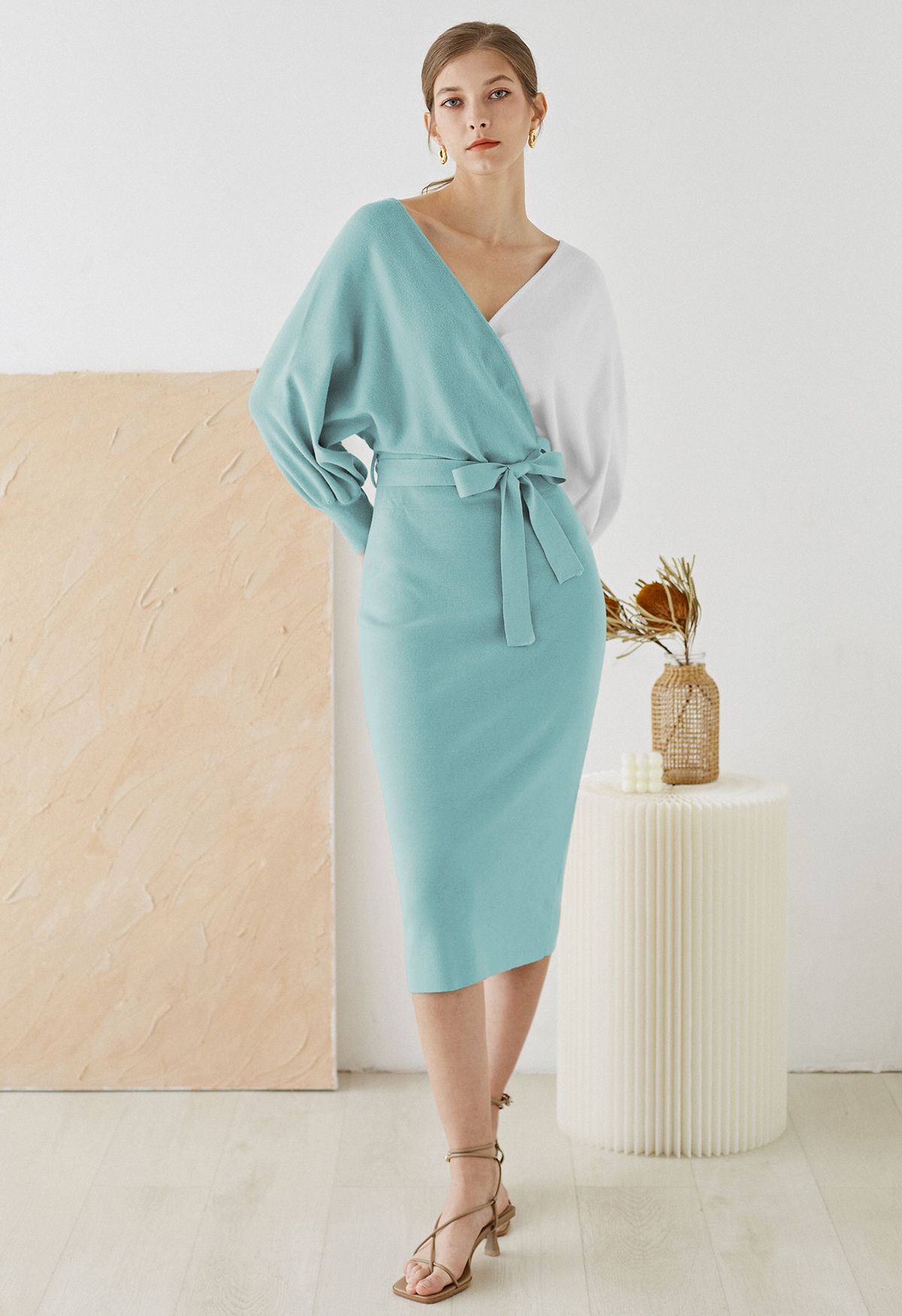 Tie Bow Two-Tone Knit Wrap Midi Dress in Teal