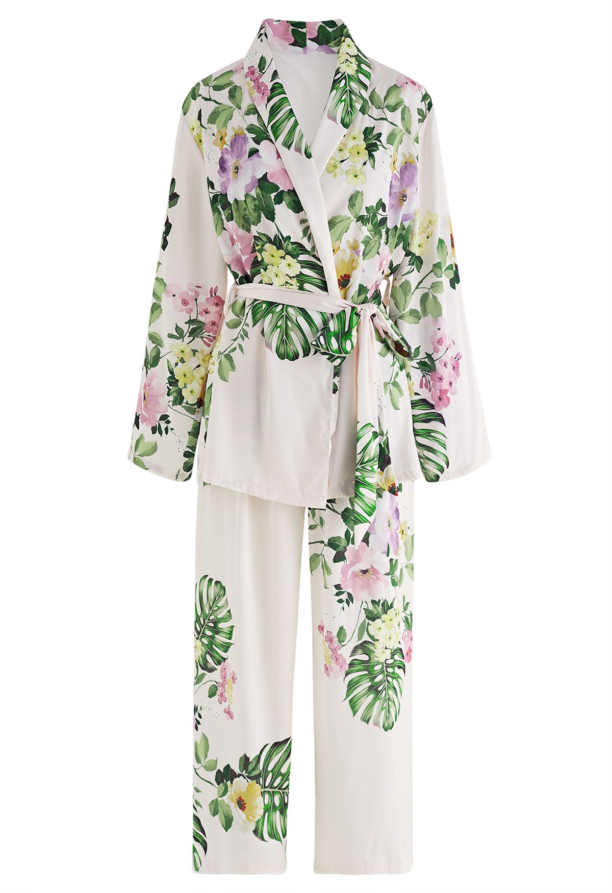 Various Flower Print Two-Piece Pajama Set in Ivory