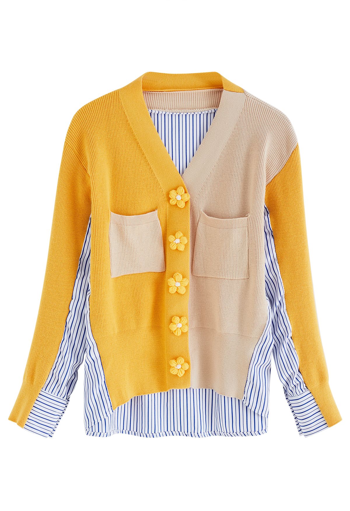 Stitch Flower Color Blocked Spliced Knit Cardigan in Yellow