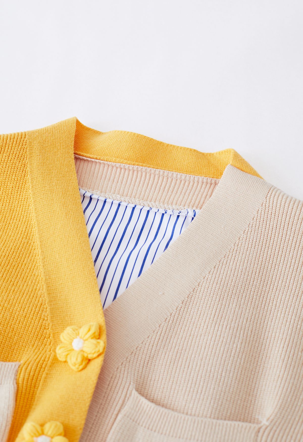 Stitch Flower Color Blocked Spliced Knit Cardigan in Yellow