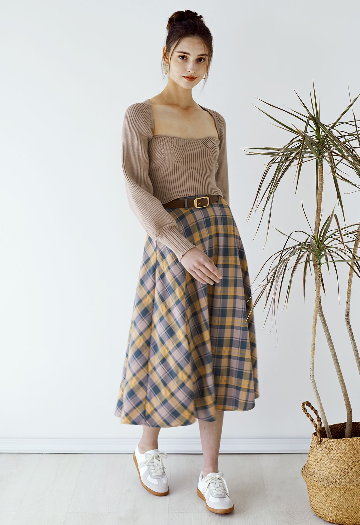 Vintage Belted Plaid Midi Skirt in Mustard