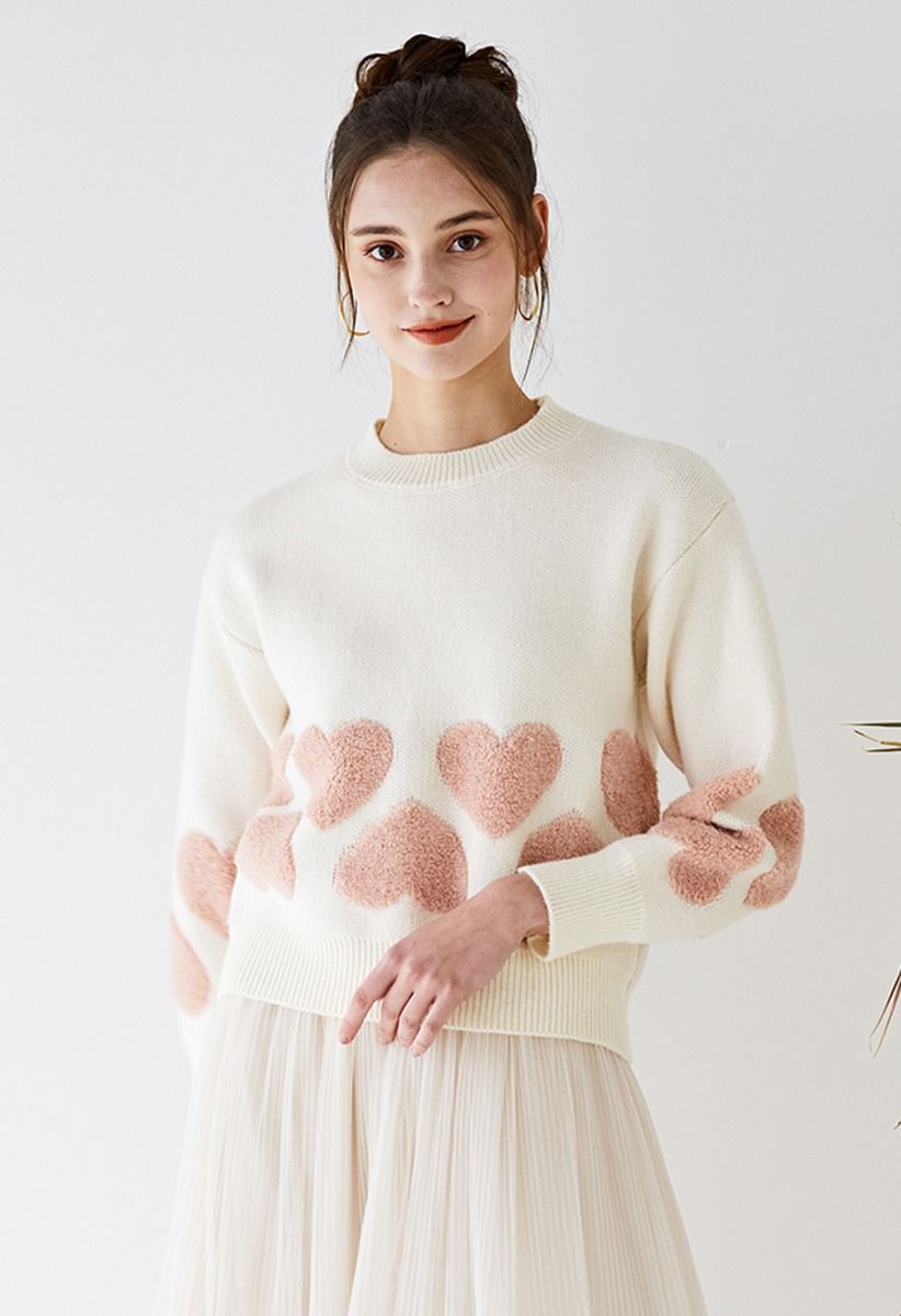 Tender Fuzzy Heart Jacquard Knit Sweater in Ivory