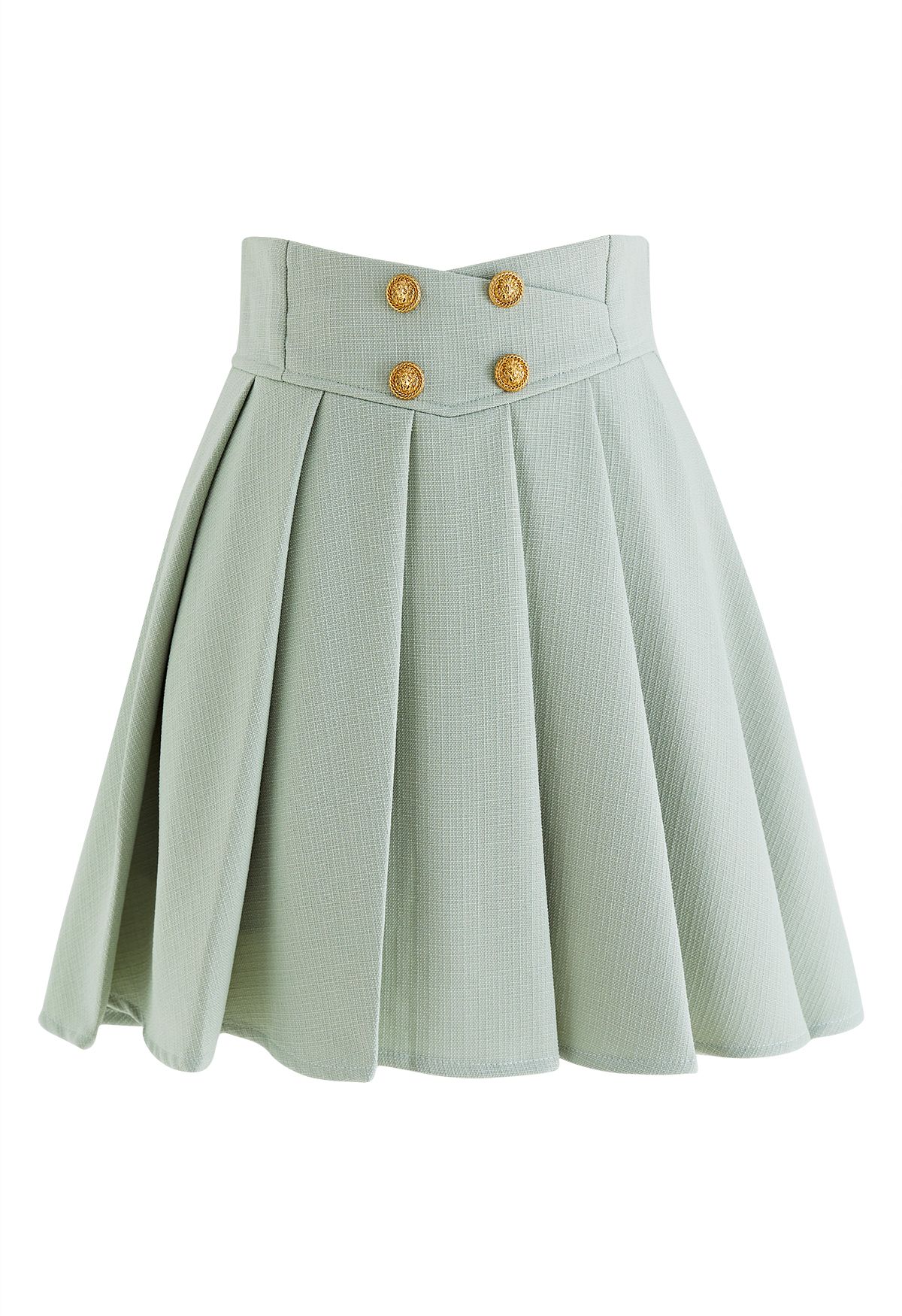 Golden Button Pleated Flare Mini Skirt in Pistachio