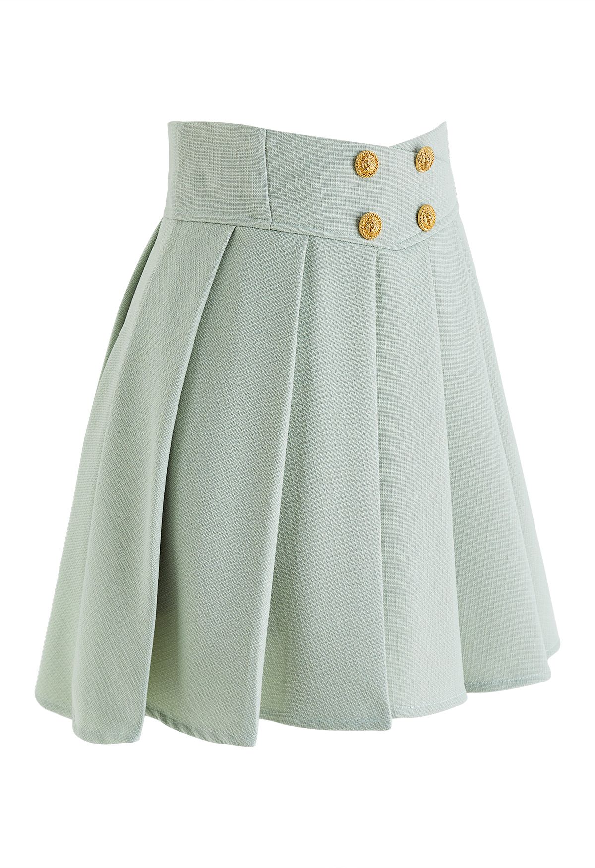 Golden Button Pleated Flare Mini Skirt in Pistachio