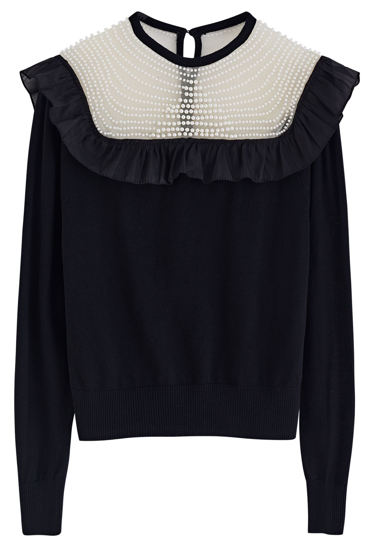 Pearly Neck Ruffle Knit Top in Black