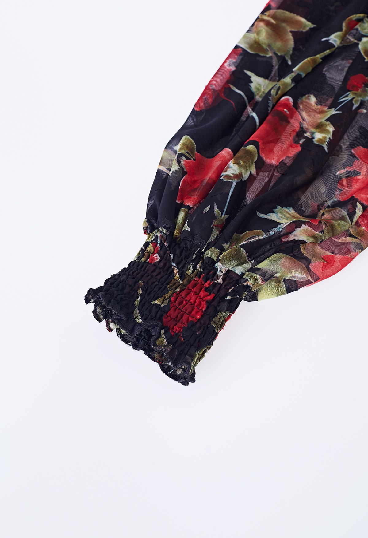 Floral Jacquard Ruffle Buttoned Chiffon Dress in Black