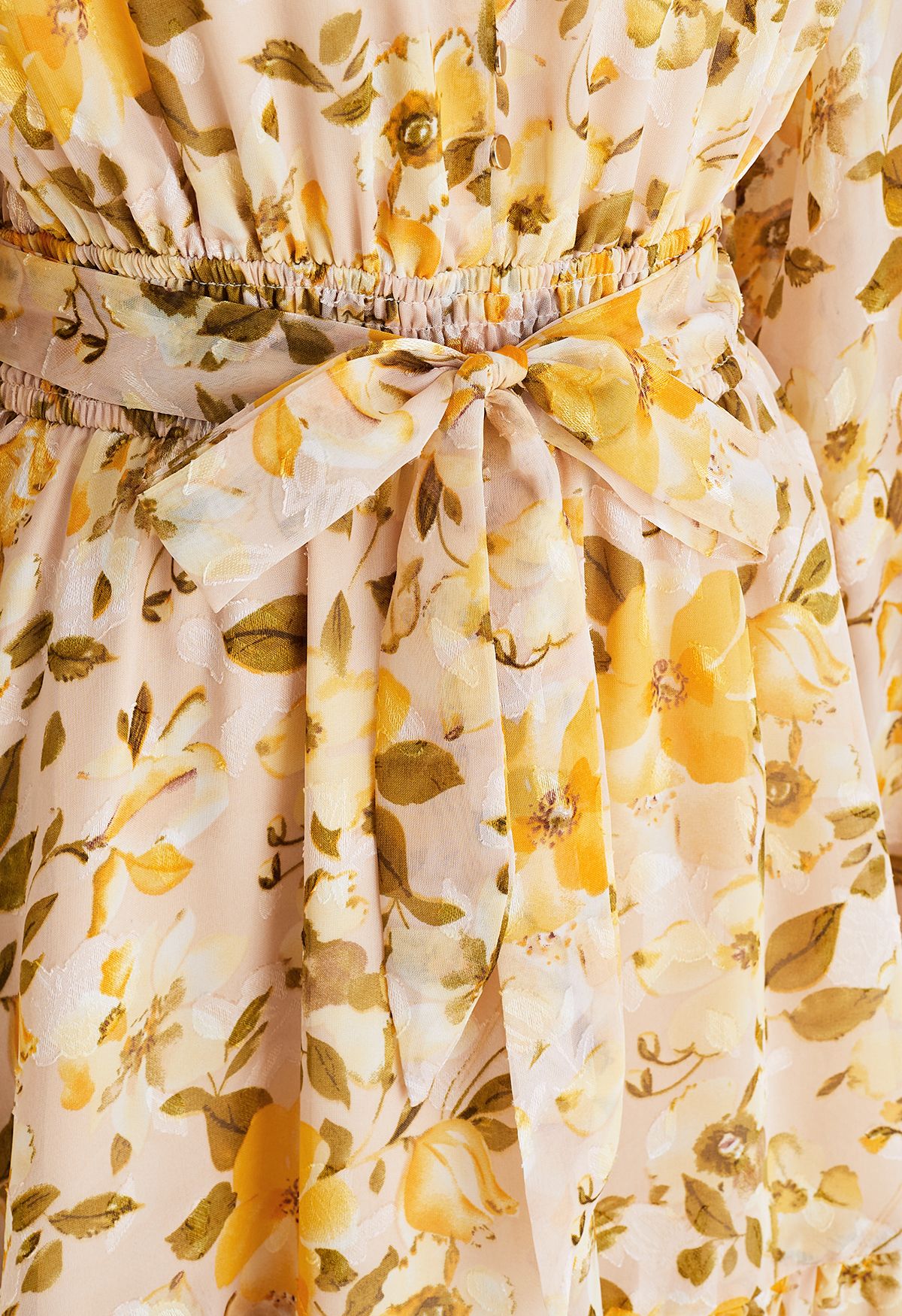 Floral Jacquard Ruffle Buttoned Chiffon Dress in Yellow