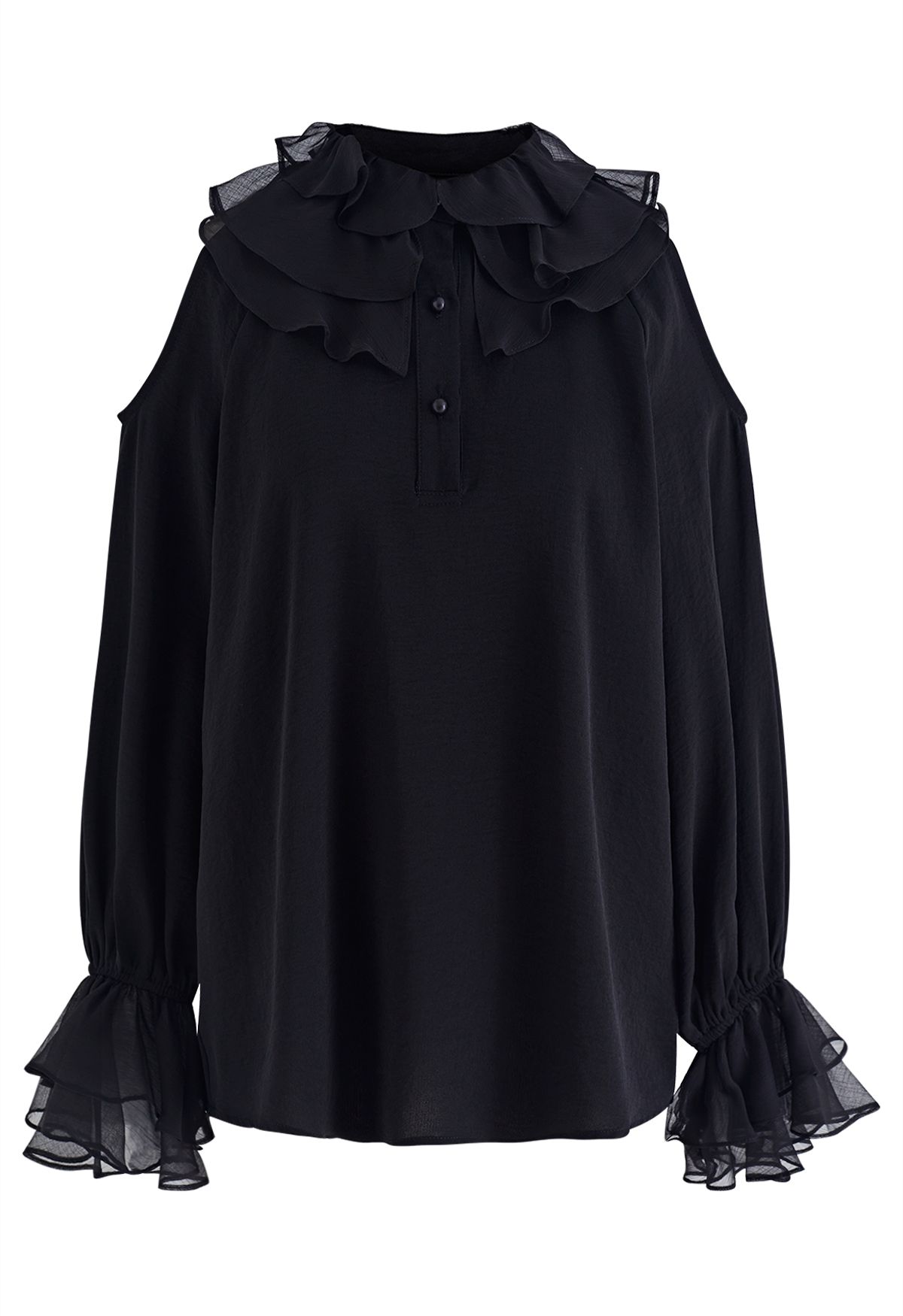 Tiered Ruffle Cold-Shoulder Chiffon Top in Black