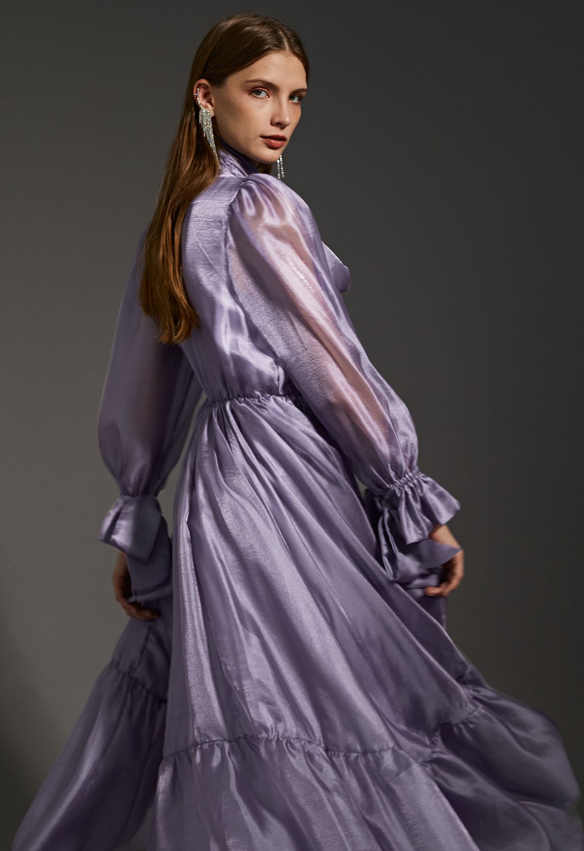 Gorgeous Bow Neck Sheer Mesh Frilling Dress in Lilac