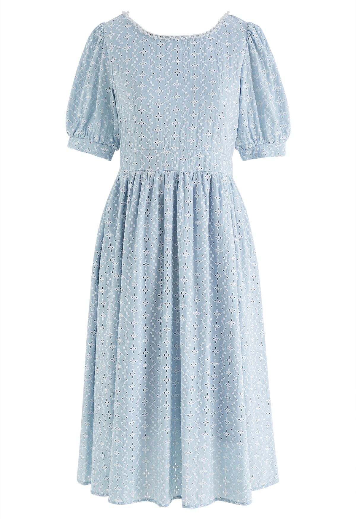 Floret Eyelet Bowknot Back Midi Dress in Blue