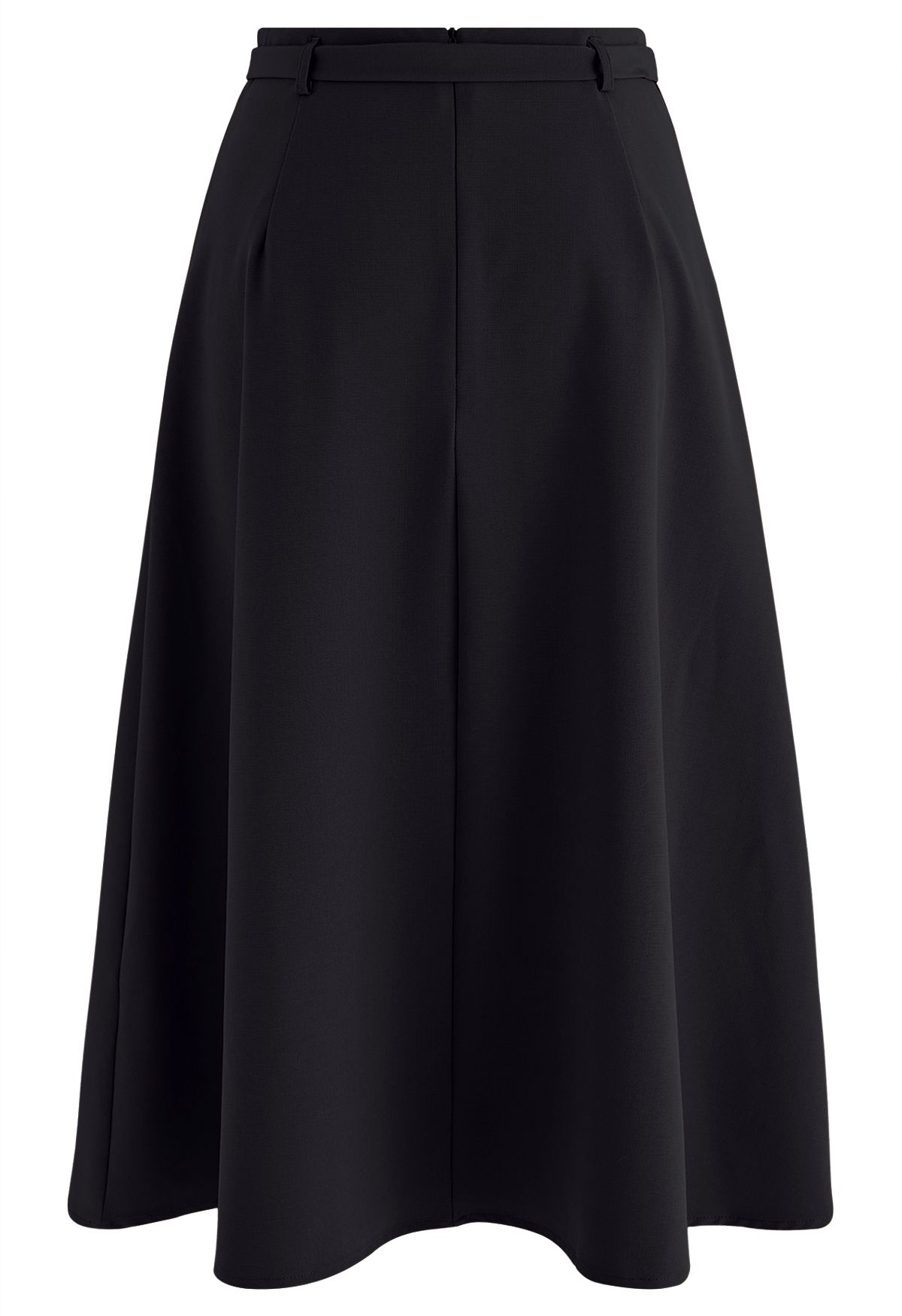 Belted Pleated A-Line Midi Skirt in Black
