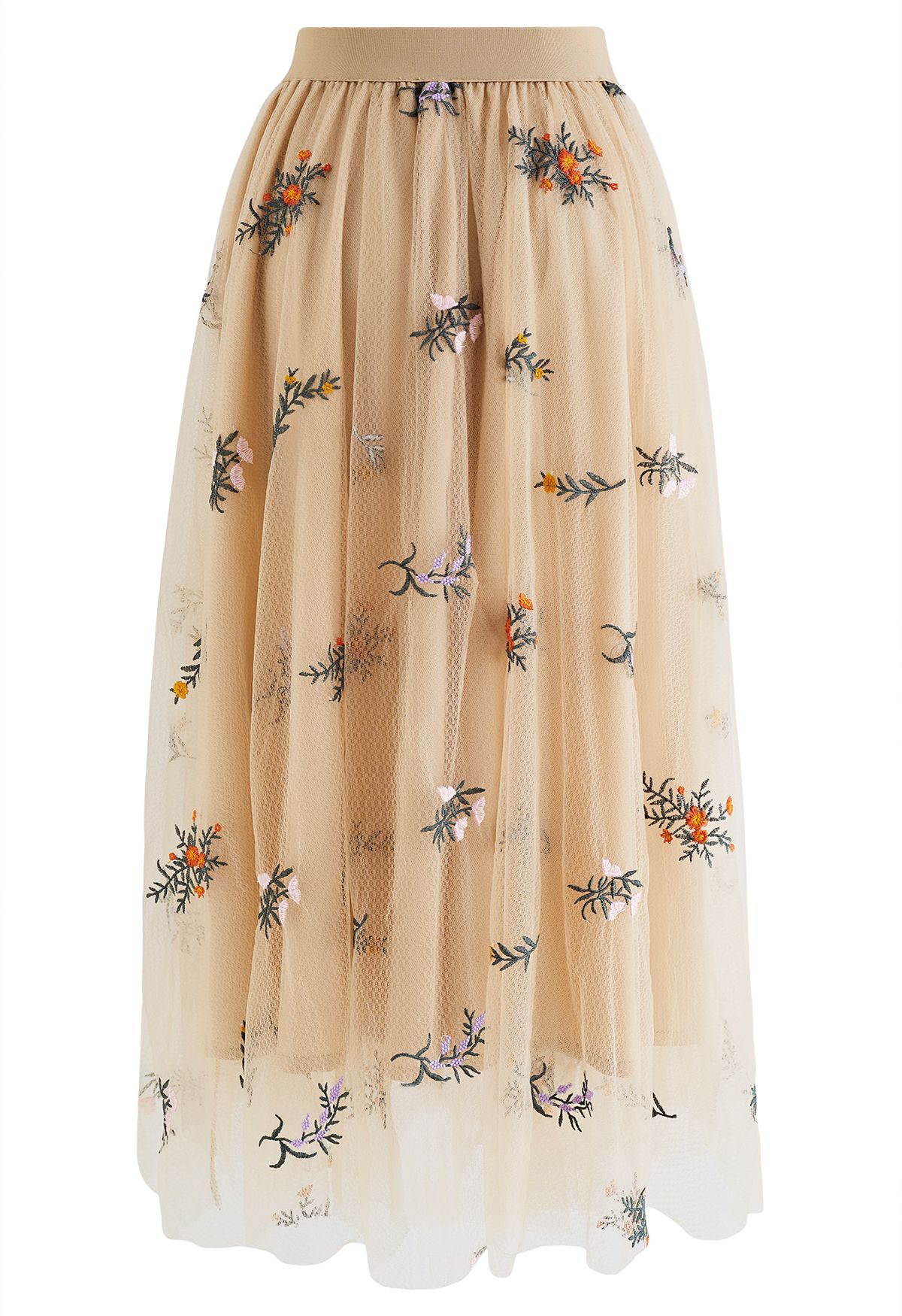 Floret Embroidered Double-Layered Mesh Skirt