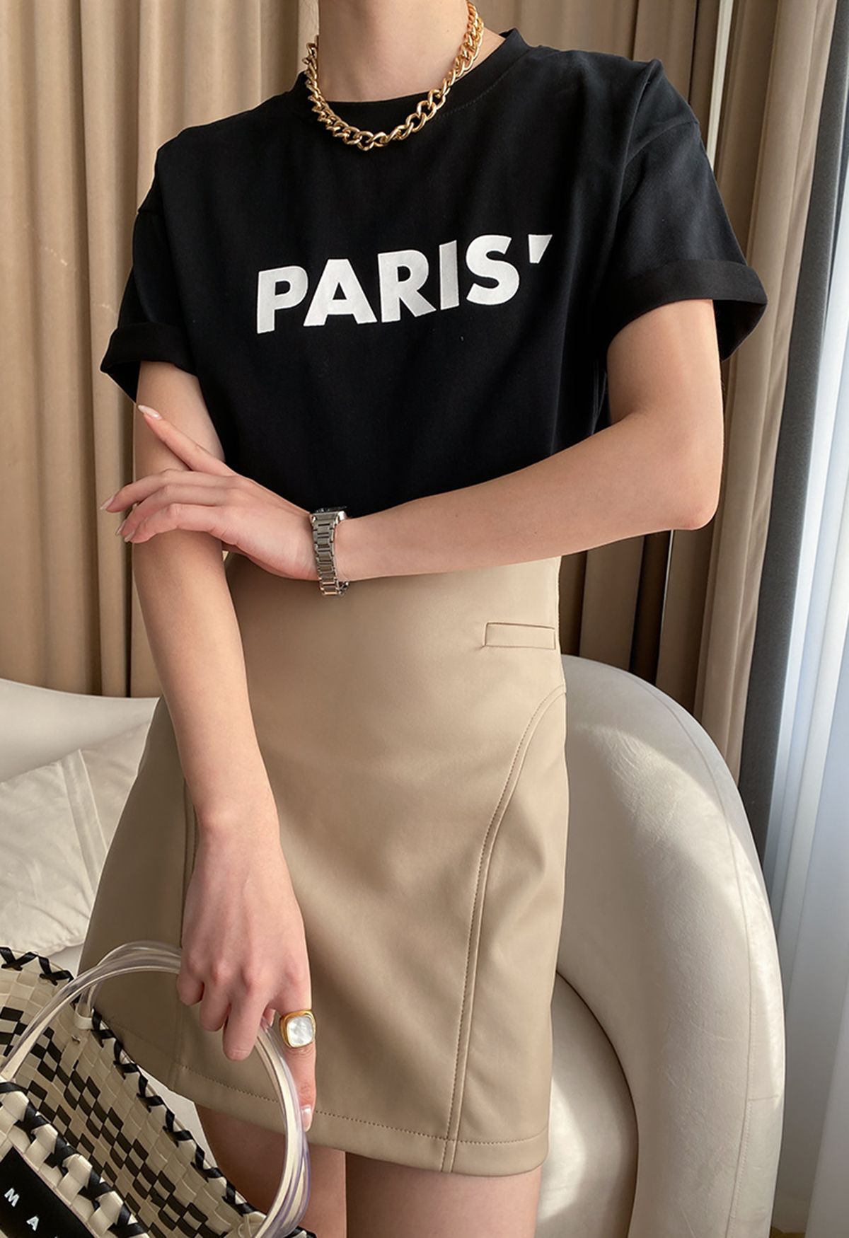 Paris Print Round Neck T-Shirt in Black