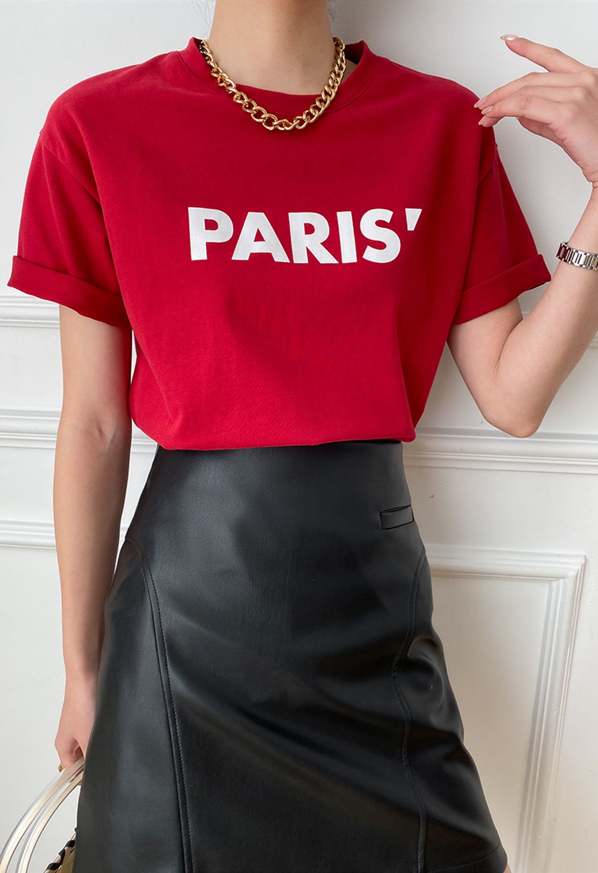 Paris Print Round Neck T-Shirt in Red