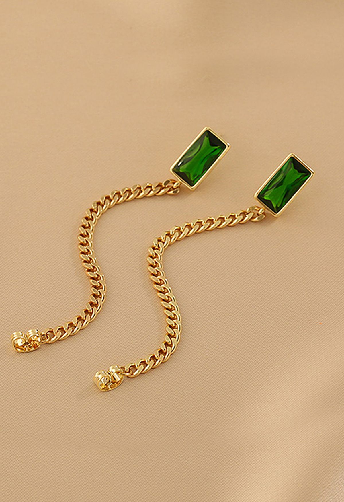 Emerald Cut Golden Chain Drop Earrings