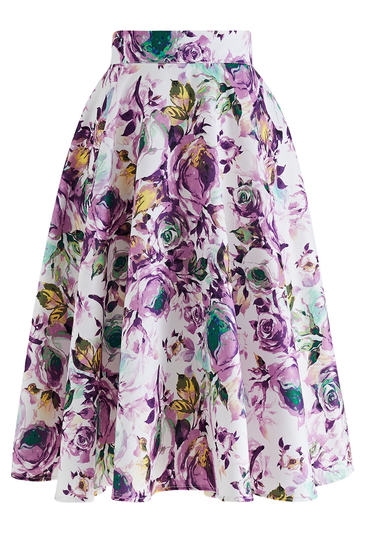 Watercolor Rose Flare Midi Skirt in Purple