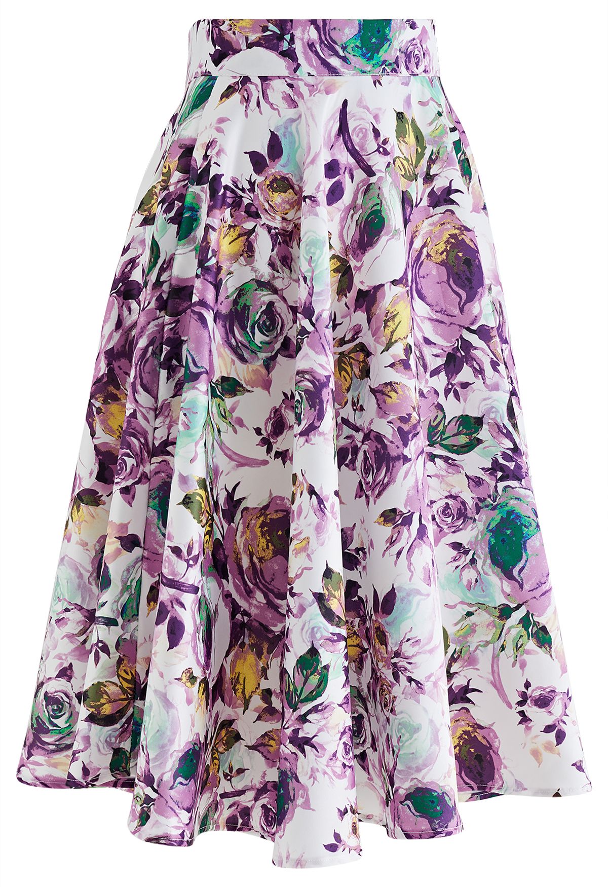 Watercolor Rose Flare Midi Skirt in Purple