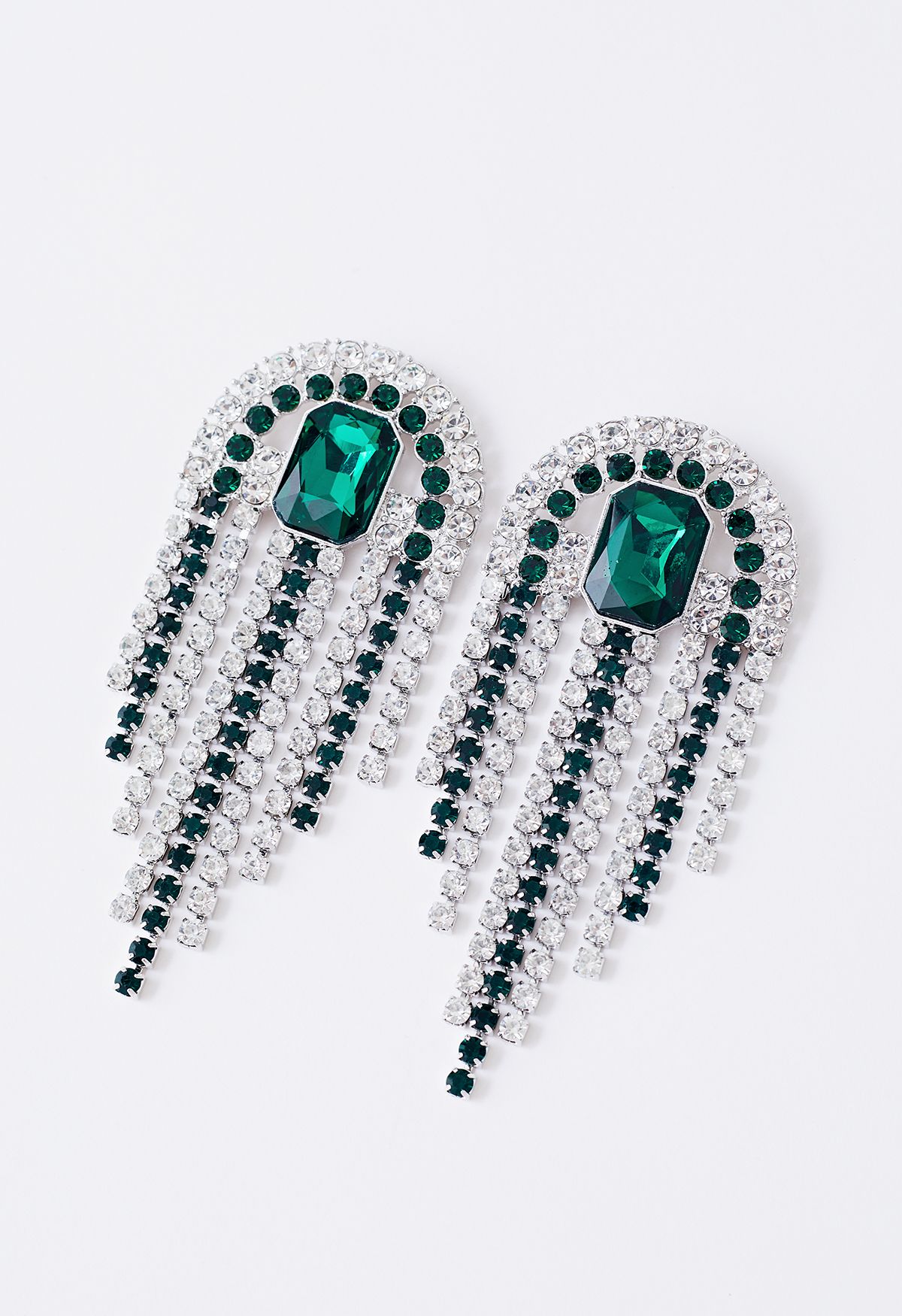 Emerald Cut Gem Diamond Tassel Earrings in Green