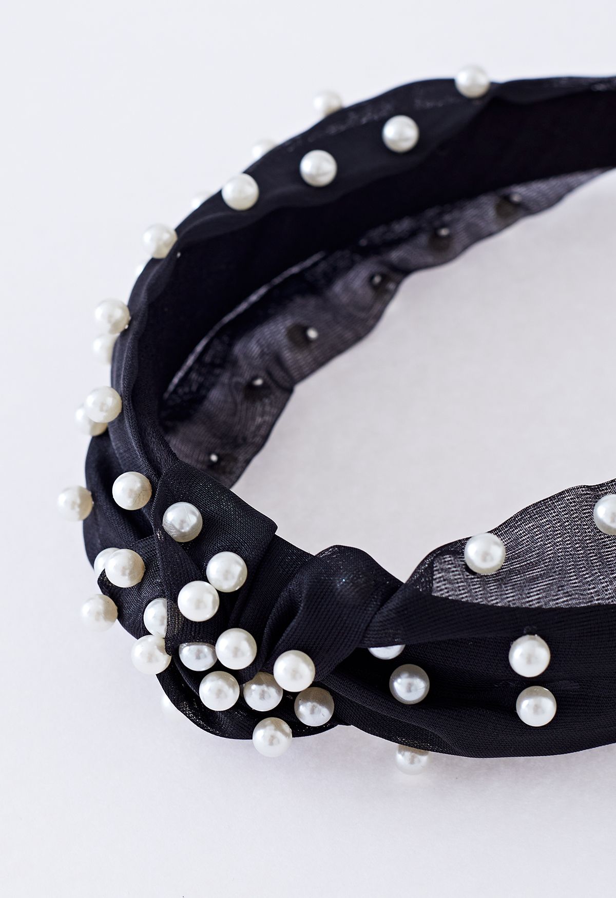Twisted Organza Full Pearl Headband in Black