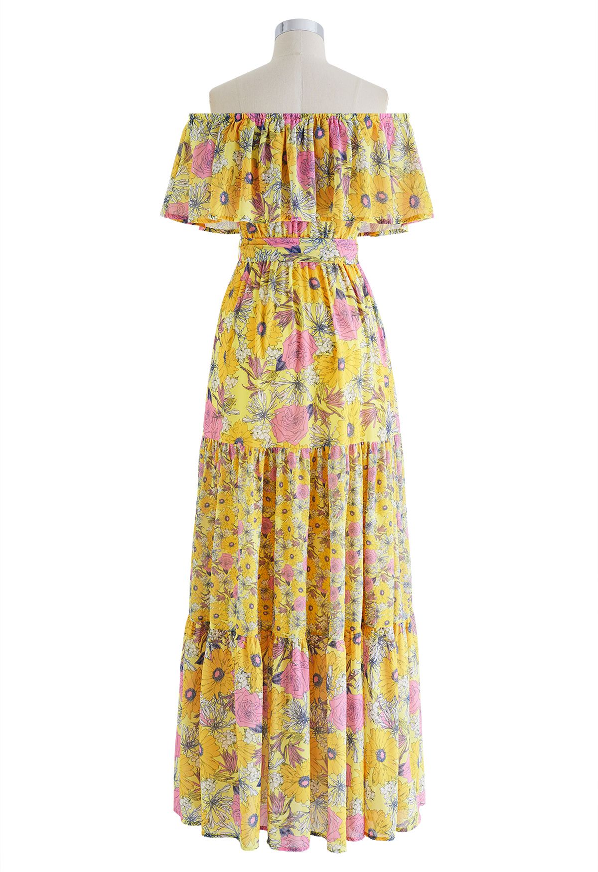 Flower Field Ruffled Overlay Off-Shoulder Maxi Dress - Retro, Indie and ...