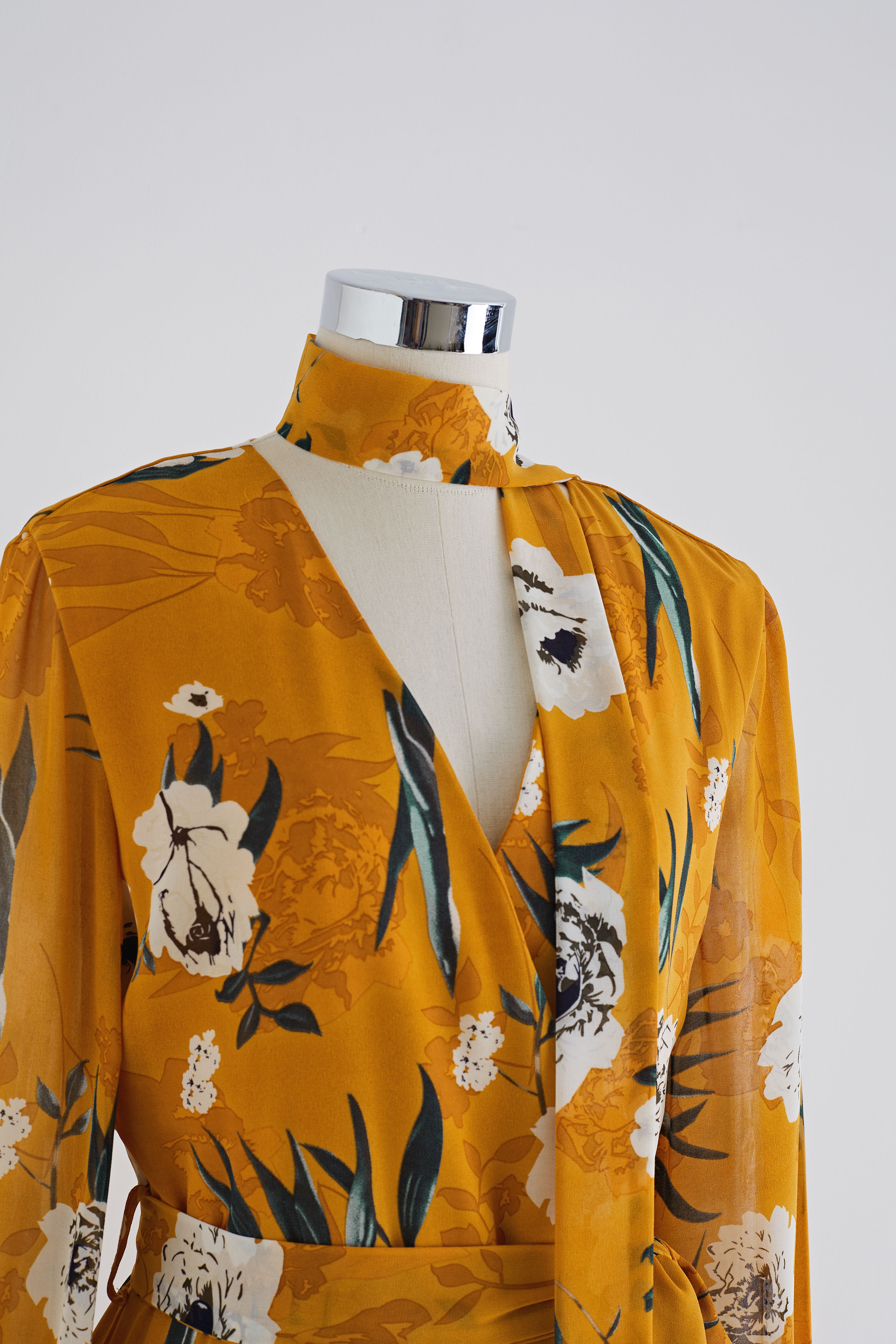 Scarf Plunging Vernal Blossom Chiffon Maxi Dress in Orange