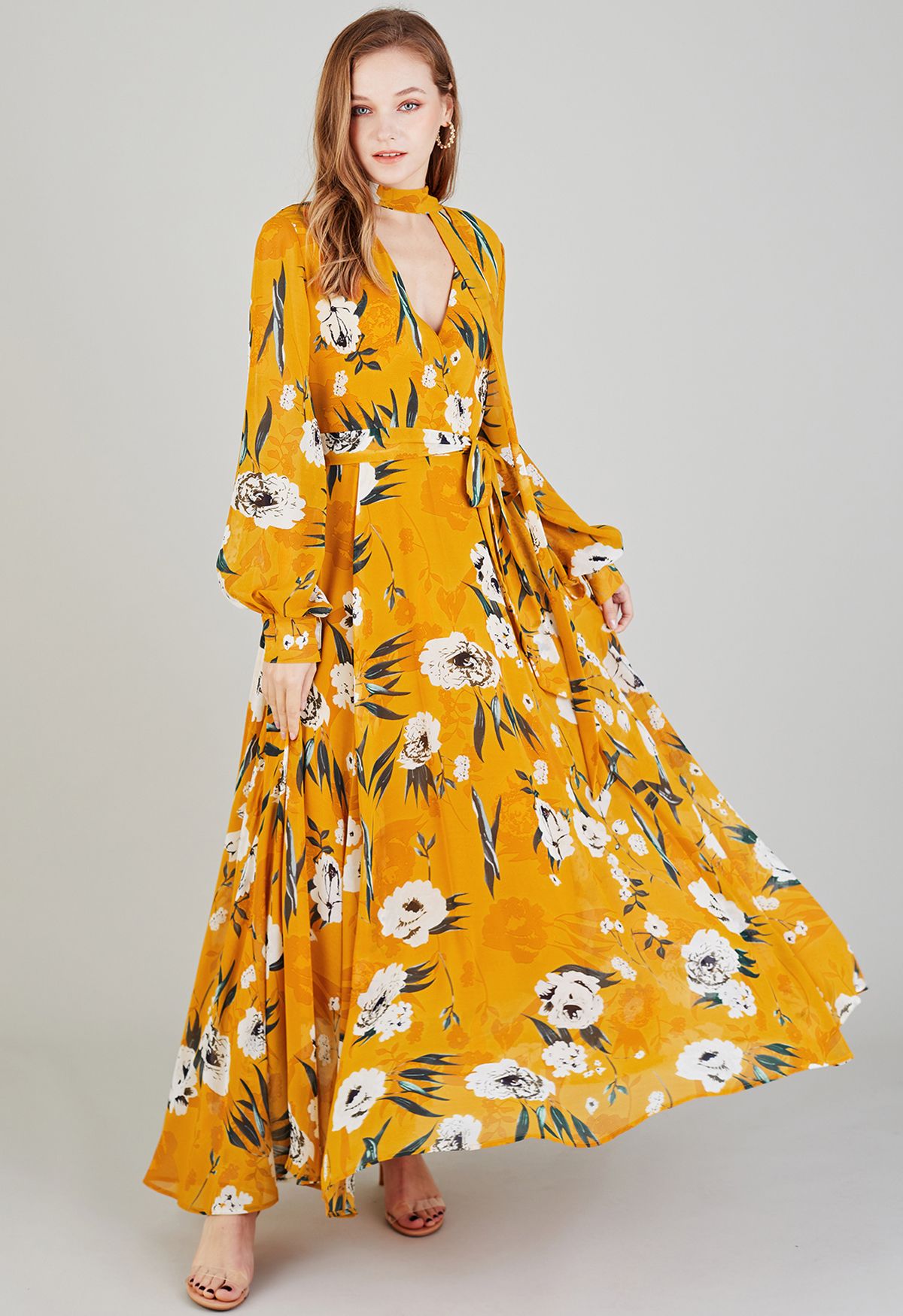 Scarf Plunging Vernal Blossom Chiffon Maxi Dress in Orange