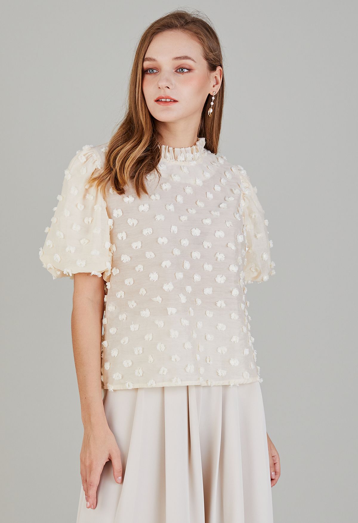 Cotton Candy Short Bubble Sleeve Dolly Top in Cream
