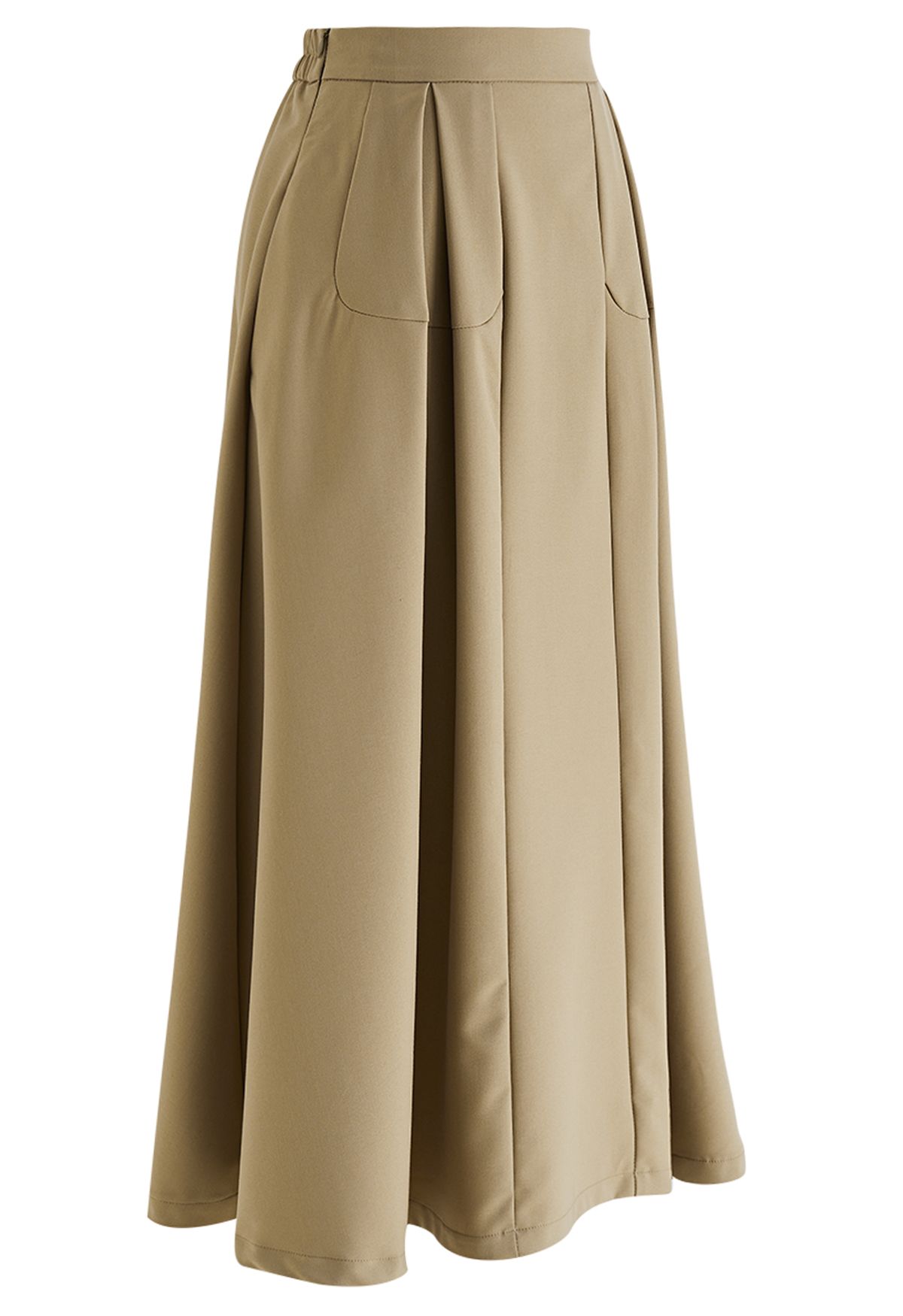 Seam Detailing Pleated A-Line Skirt in Khaki