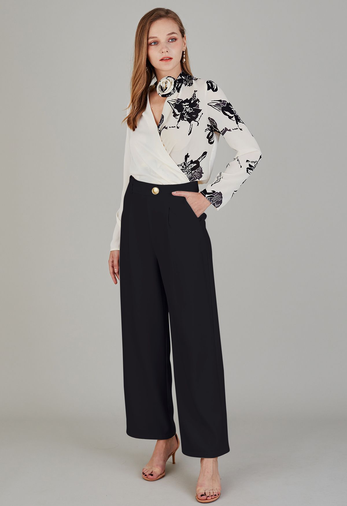 Belt Adorned Straight Leg Pants in Black