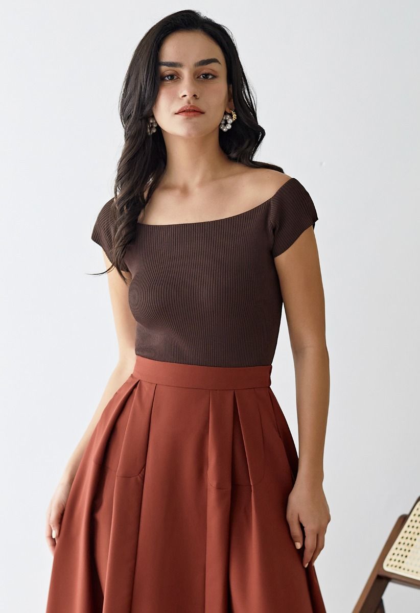 Boat Neck Rib Knit Crop Top in Brown - Retro, Indie and Unique Fashion