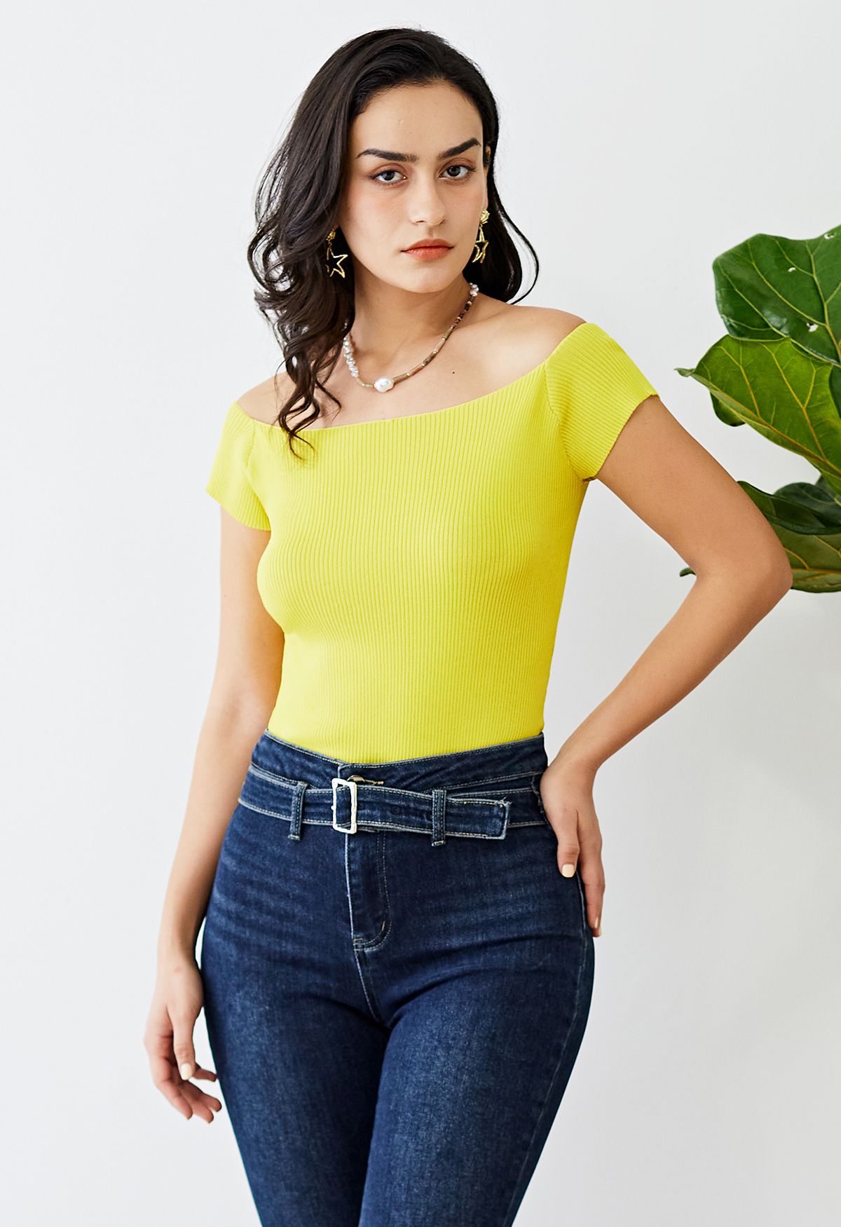 Boat Neck Rib Knit Crop Top in Yellow