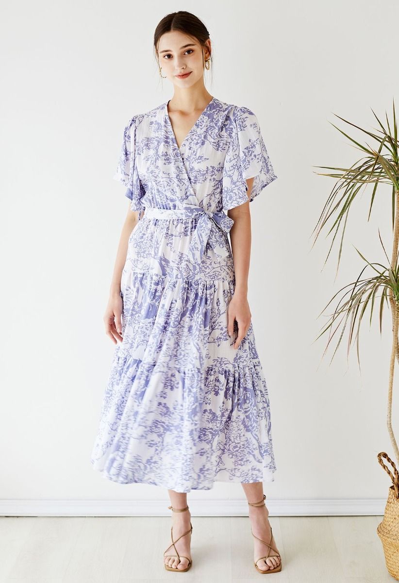 Branch Printed Flutter Sleeve Faux-Wrap Dress