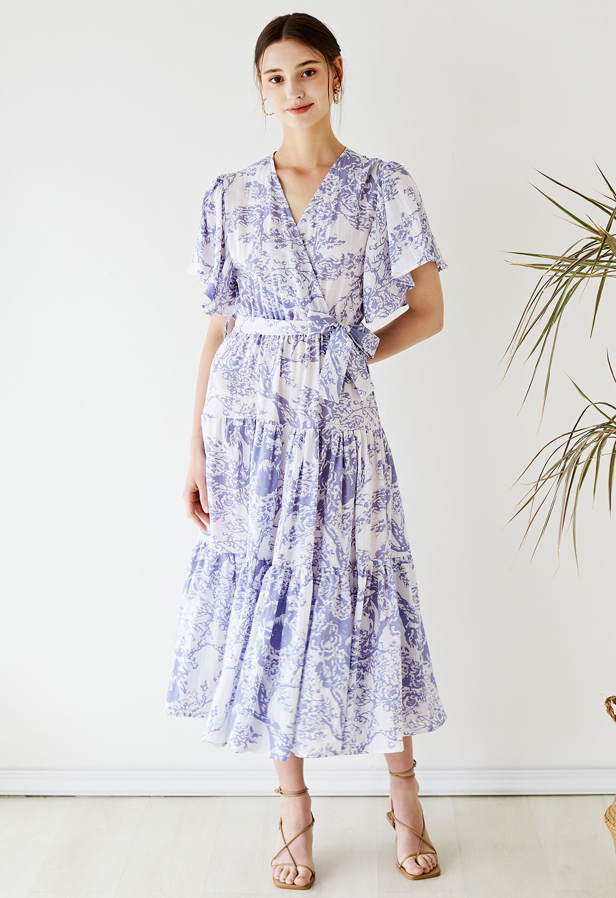 Branch Printed Flutter Sleeve Faux-Wrap Dress