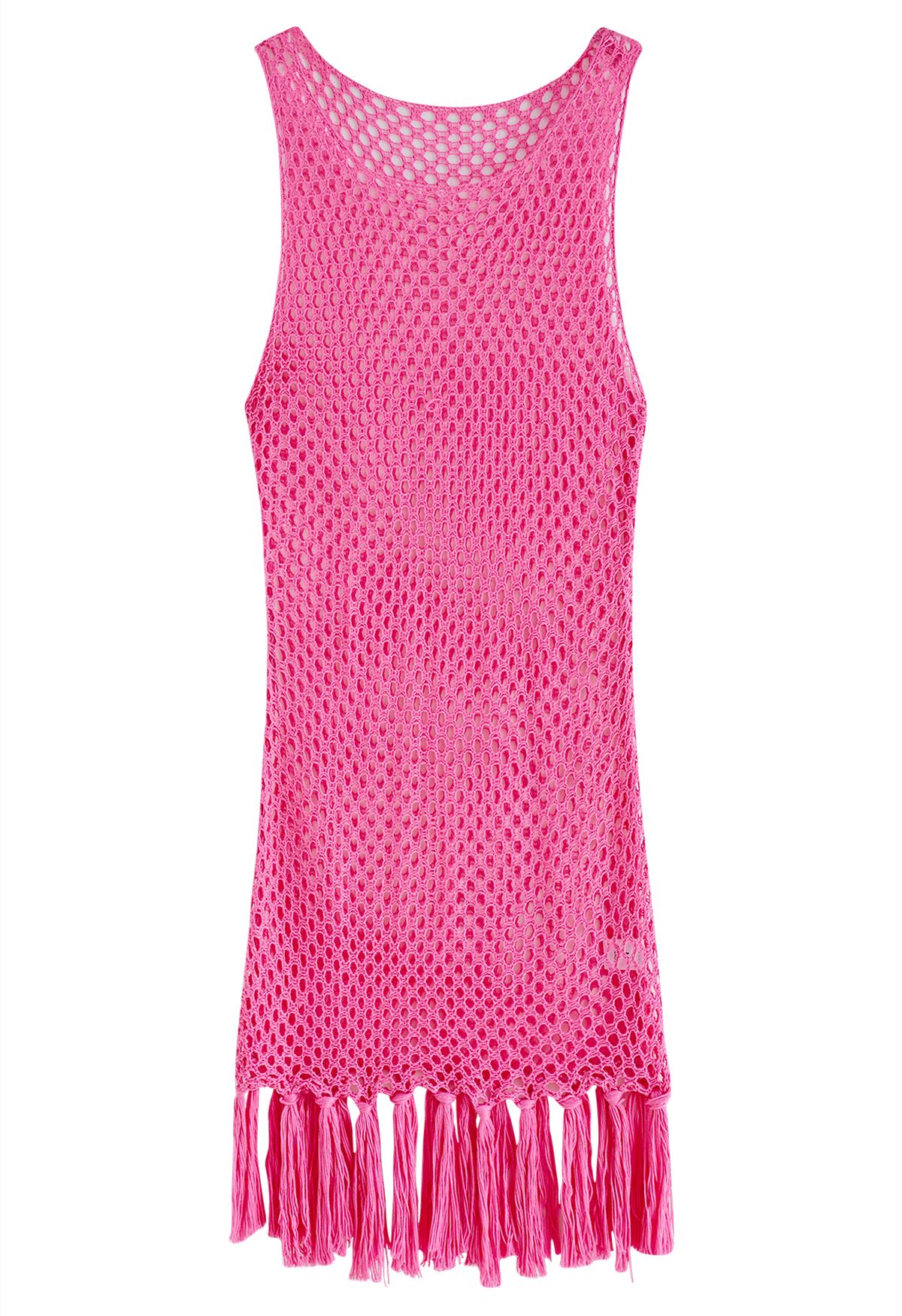 Tassel Hem Hollow Out Sleeveless Knit Cover Up in Hot Pink