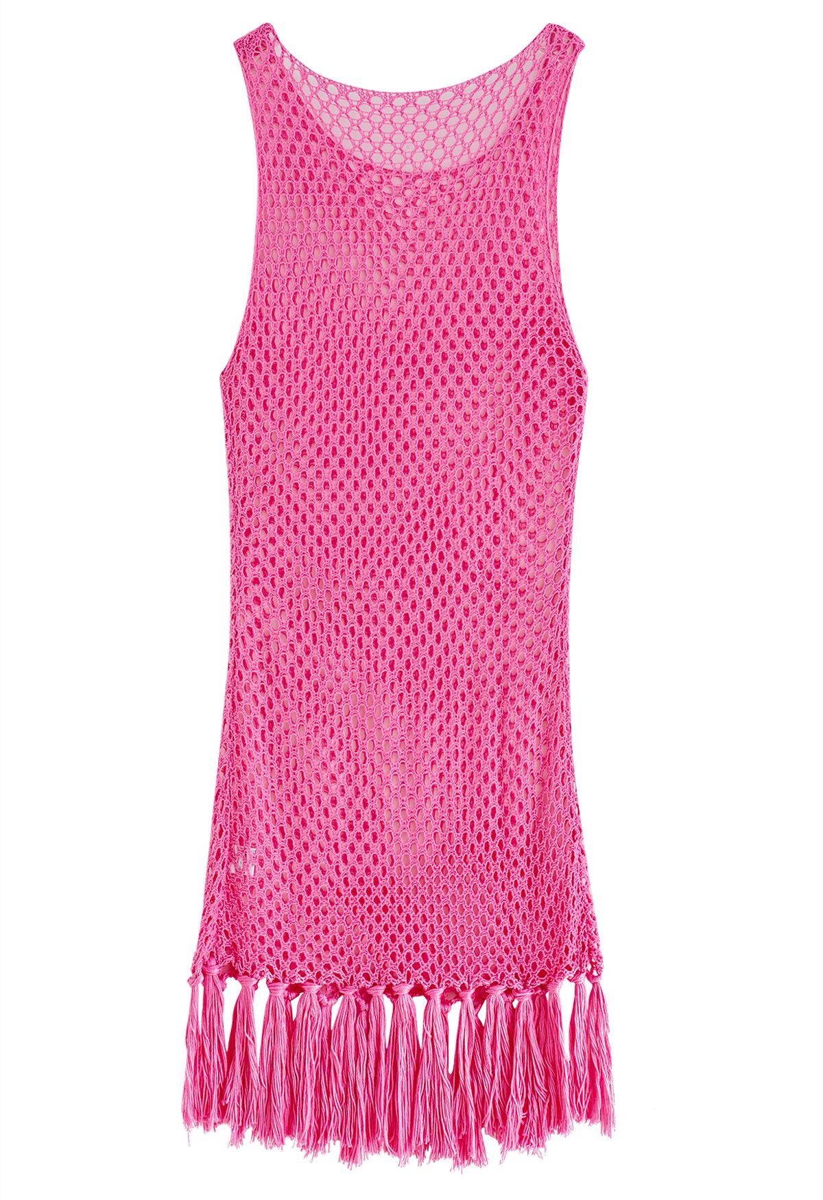 Tassel Hem Hollow Out Sleeveless Knit Cover Up in Hot Pink