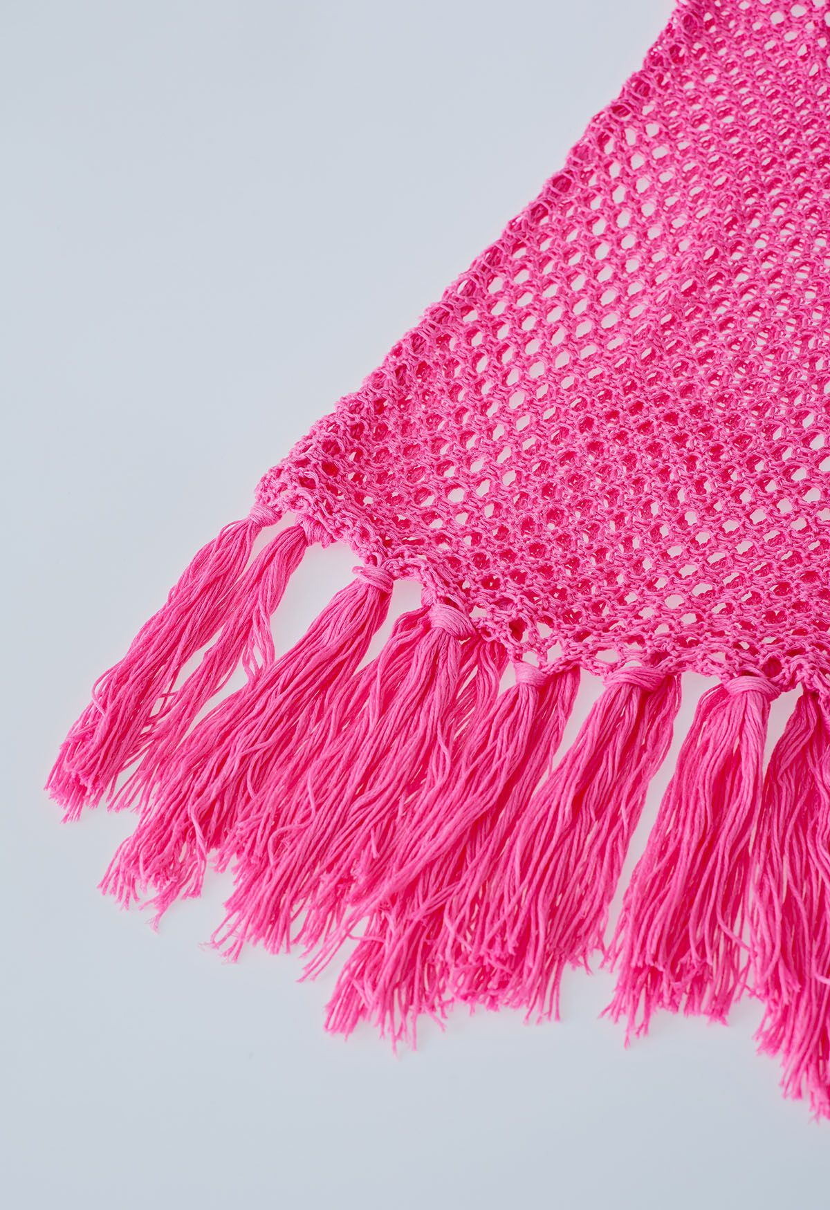 Tassel Hem Hollow Out Sleeveless Knit Cover Up in Hot Pink