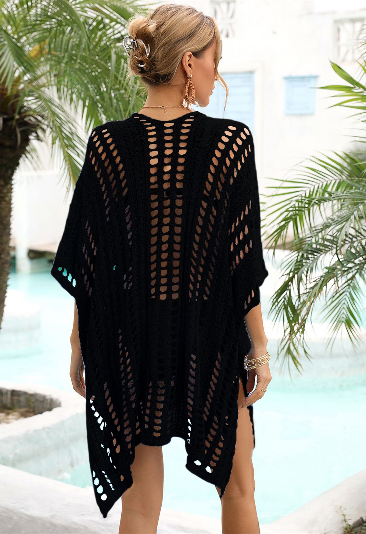 Side Slit Openwork Knit Cover Up in Black