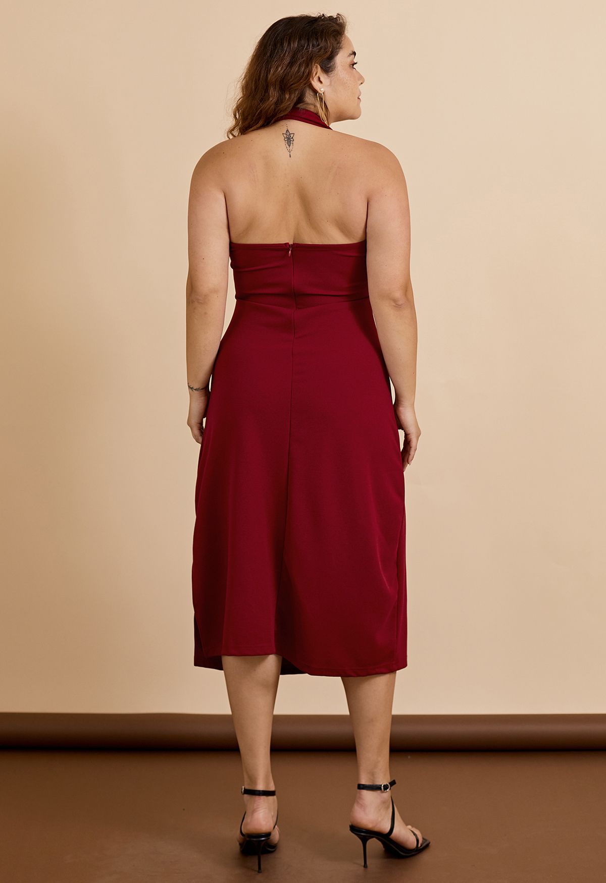 Halter Neck Wrap Bust Dress in Burgundy