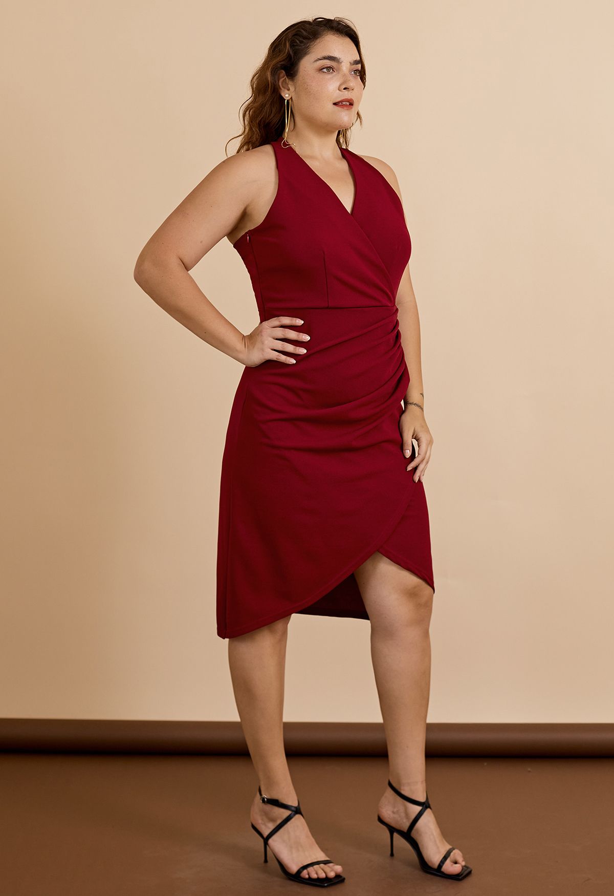 Tulip Hem Ruched Wrap Dress in Burgundy