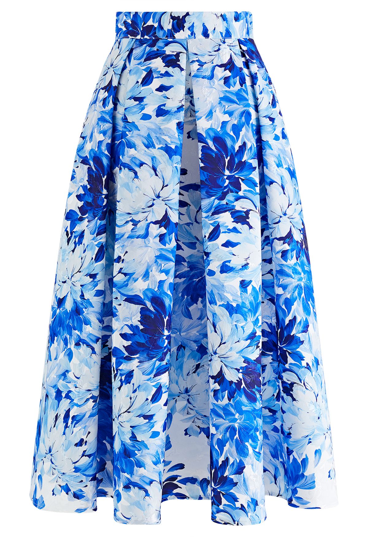 Royal Blue Floral Printed Jacquard Pleated Midi Skirt - Retro, Indie ...