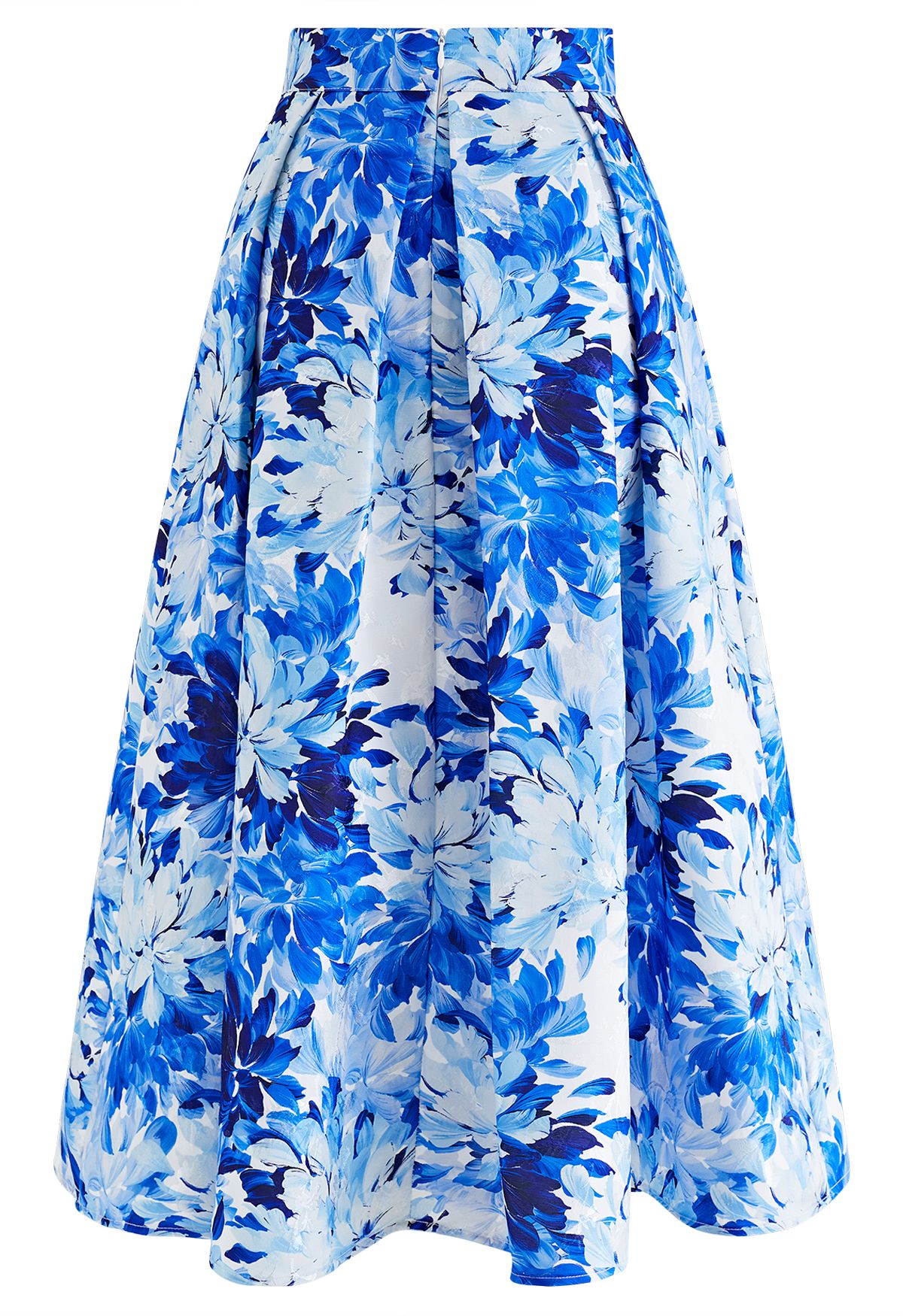 Royal Blue Floral Printed Jacquard Pleated Midi Skirt - Retro, Indie ...