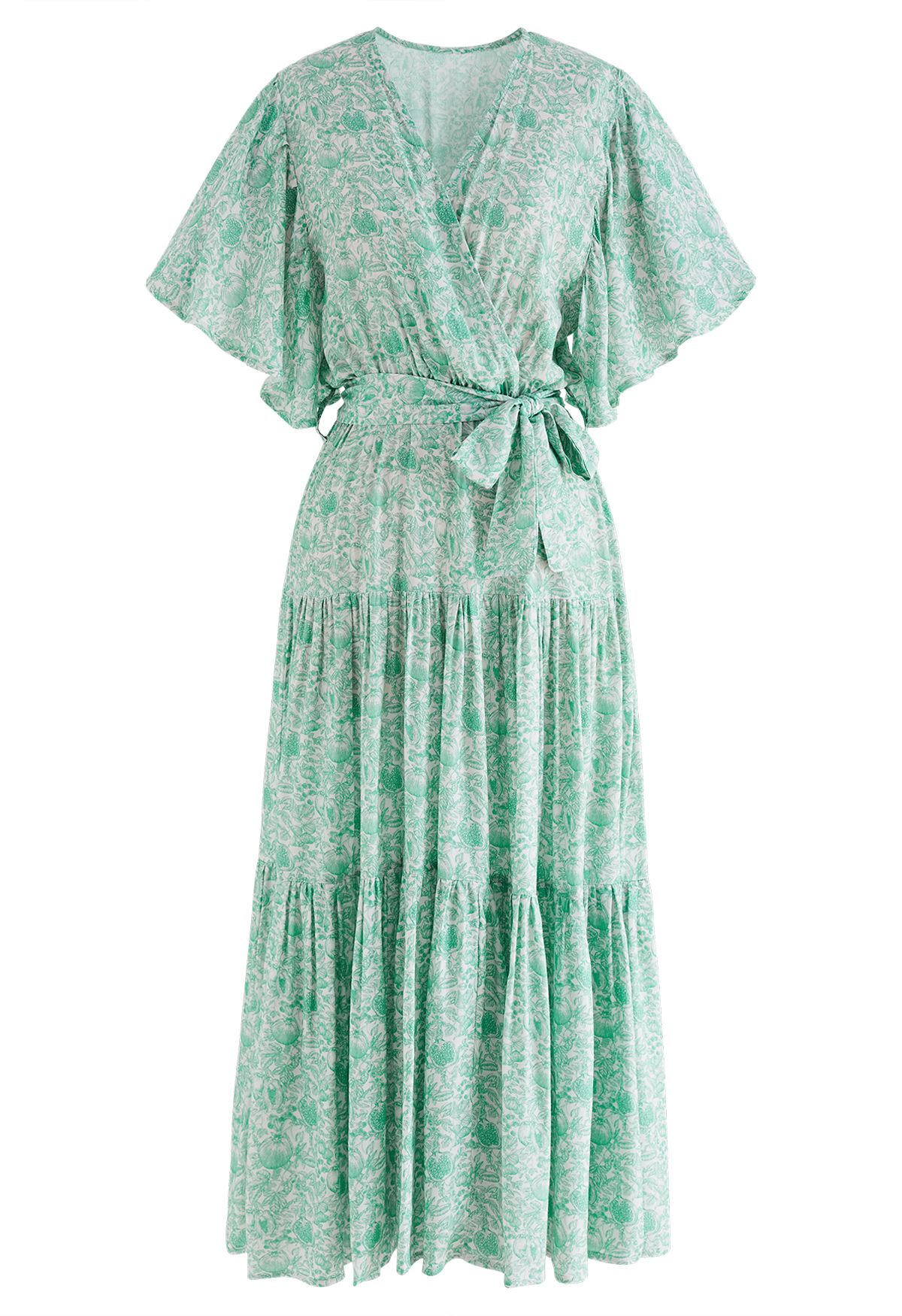 Greenery Flutter Sleeve Wrap Belted Dress