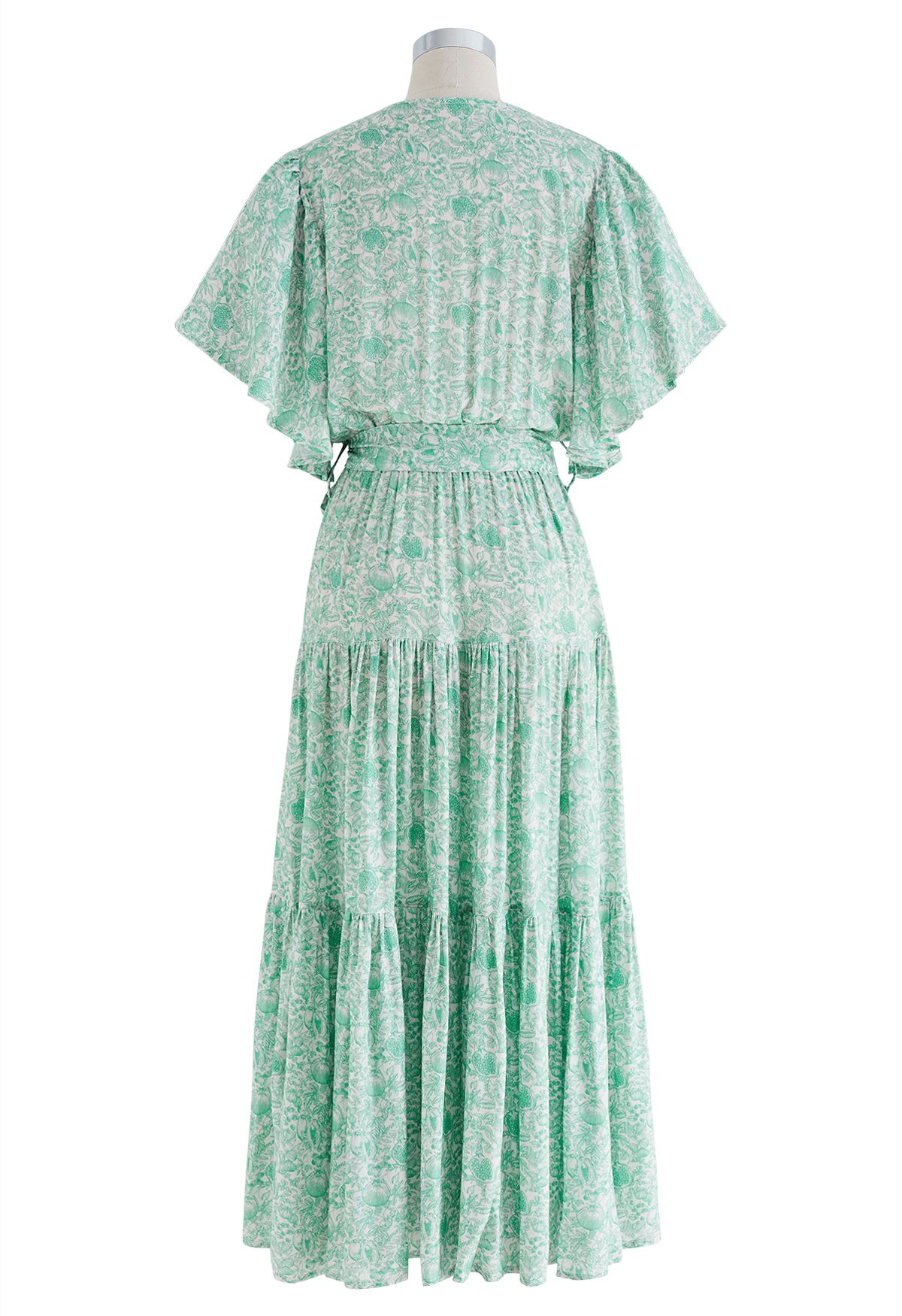 Greenery Flutter Sleeve Wrap Belted Dress