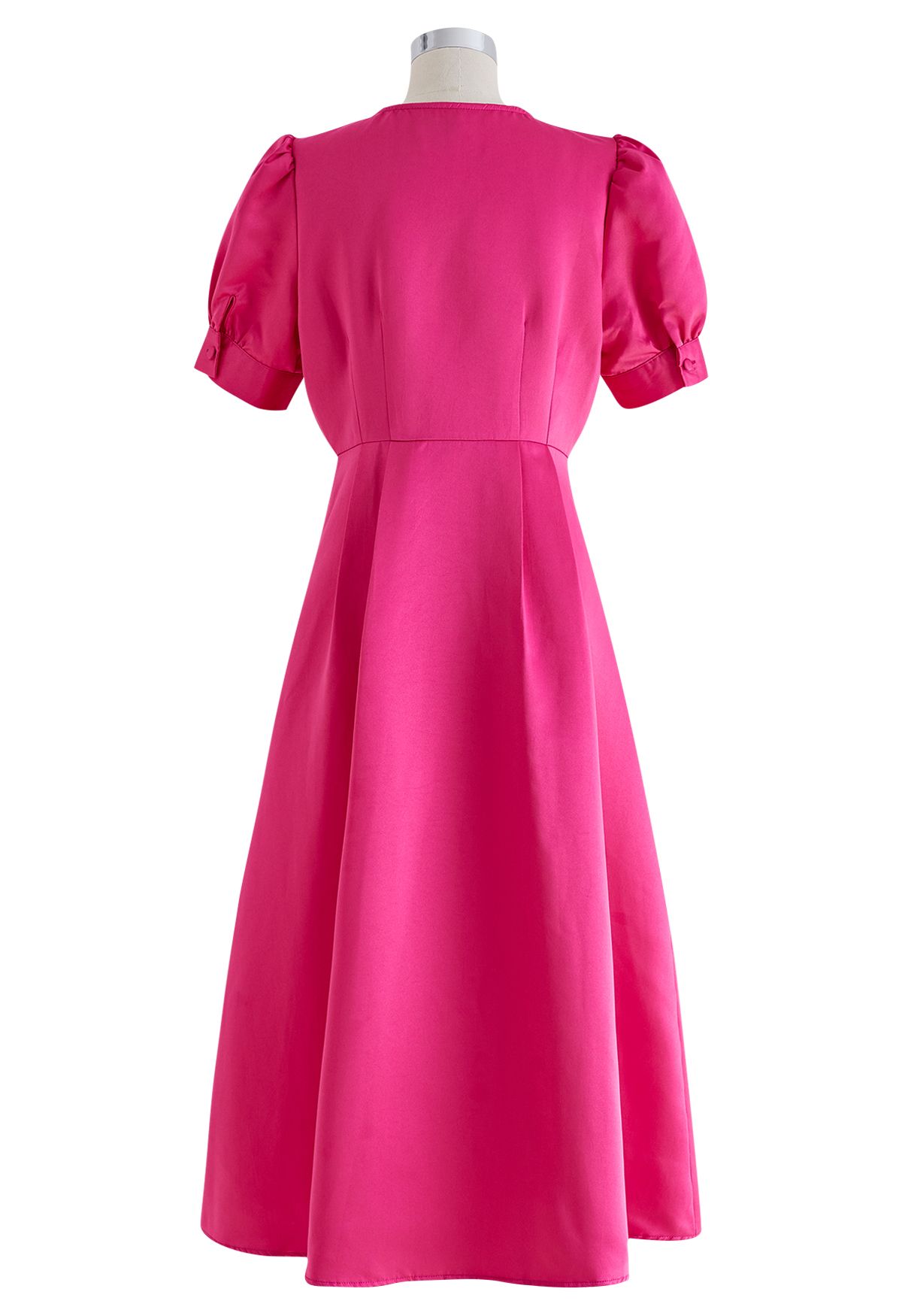 Glossy Satin Button Down Midi Dress in Hot Pink