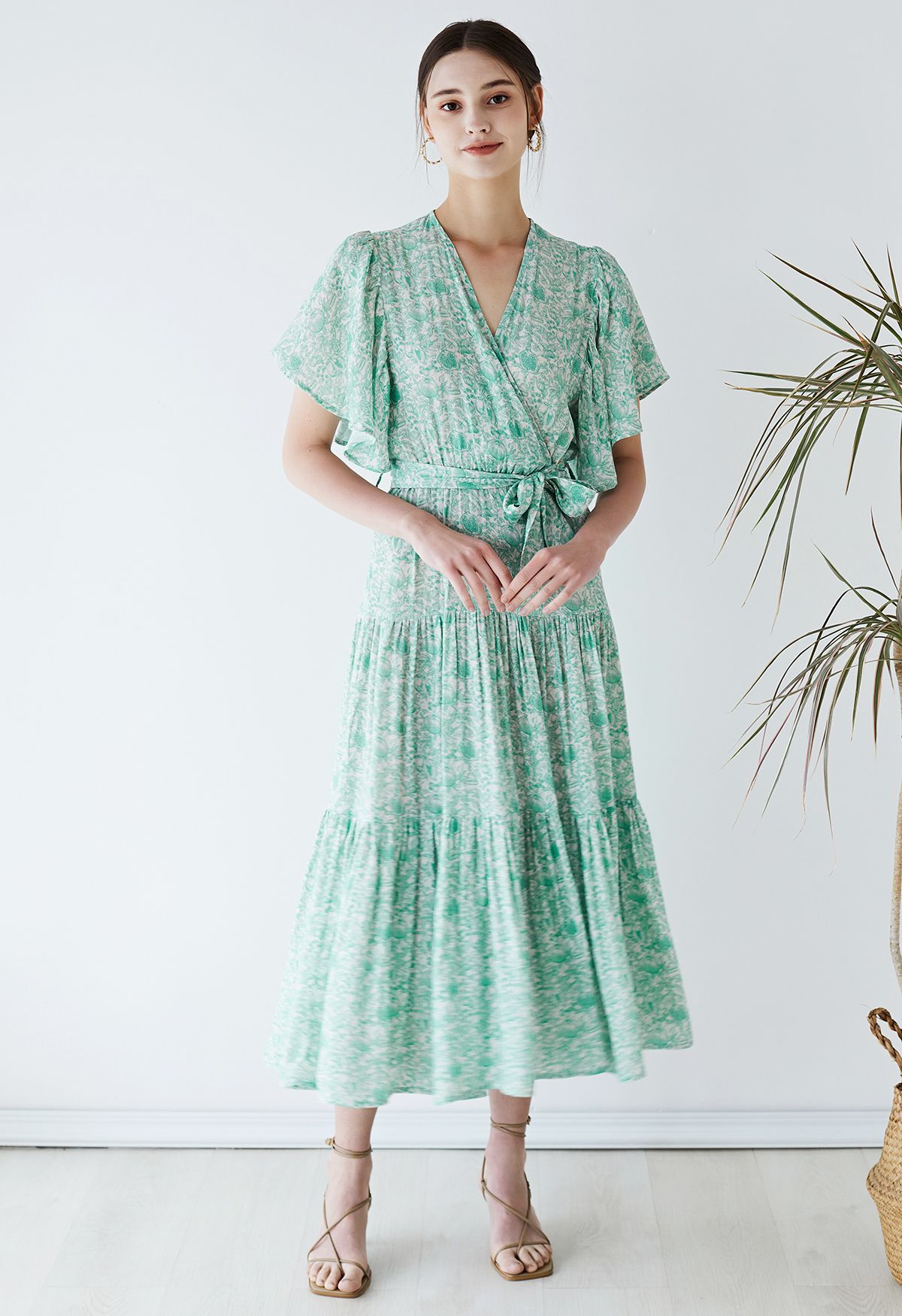 Greenery Flutter Sleeve Wrap Belted Dress