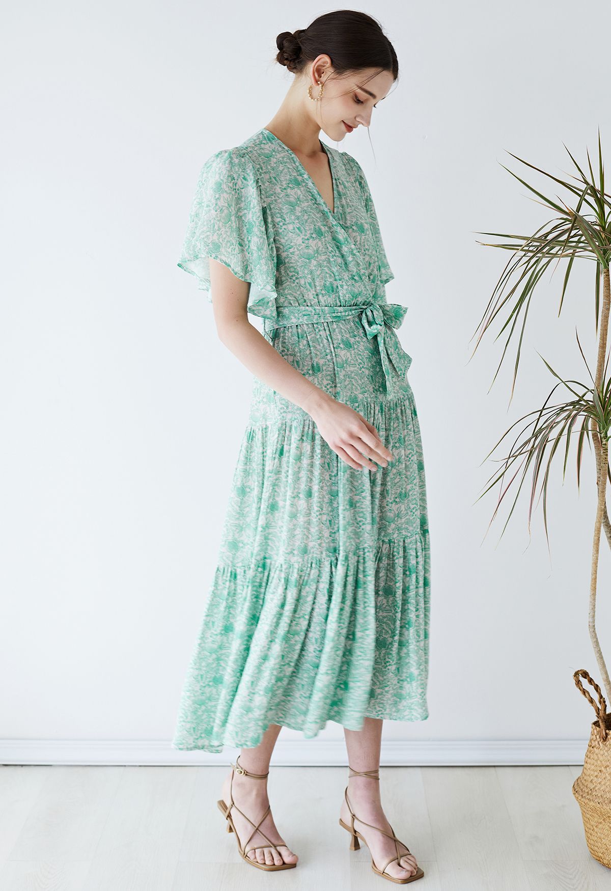 Greenery Flutter Sleeve Wrap Belted Dress