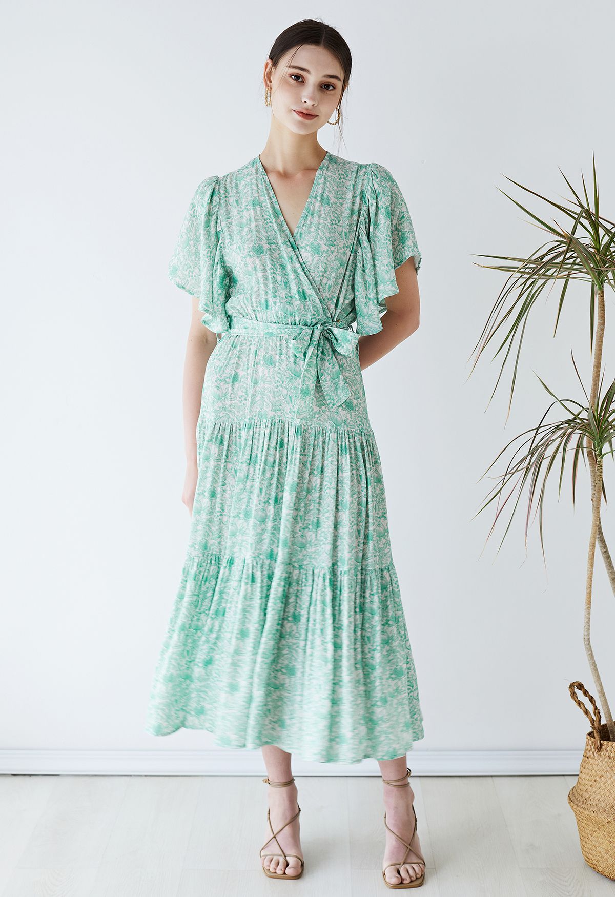 Greenery Flutter Sleeve Wrap Belted Dress